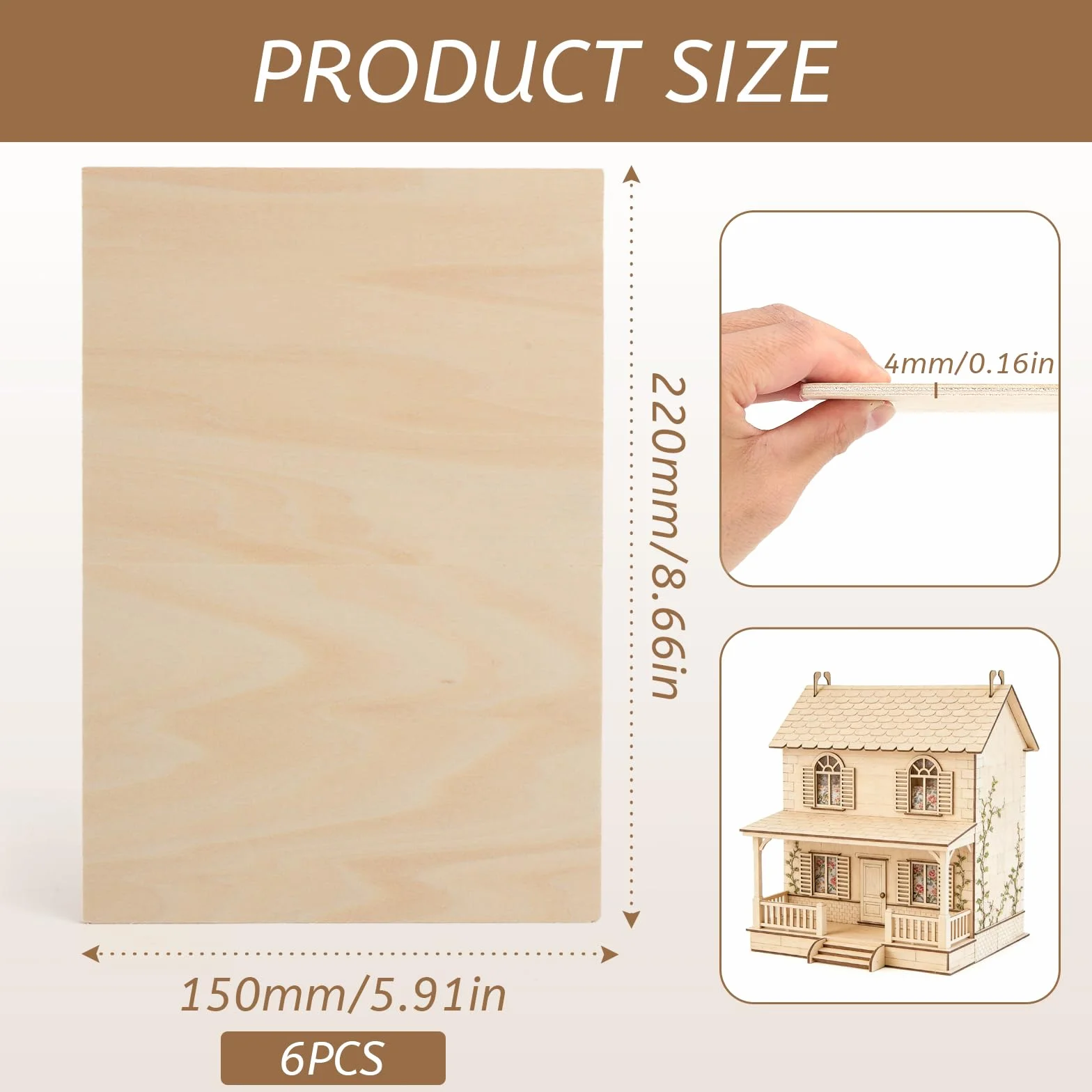 Płyty drewniane do majsterkowania, sklejka, 4 mm, laserowe malowanie, sklejka, format A5, drewno lipowe, zestaw 6 sztuk, dwustronne gładkie - do grawerowania, lasera, modelarstwa, drewna