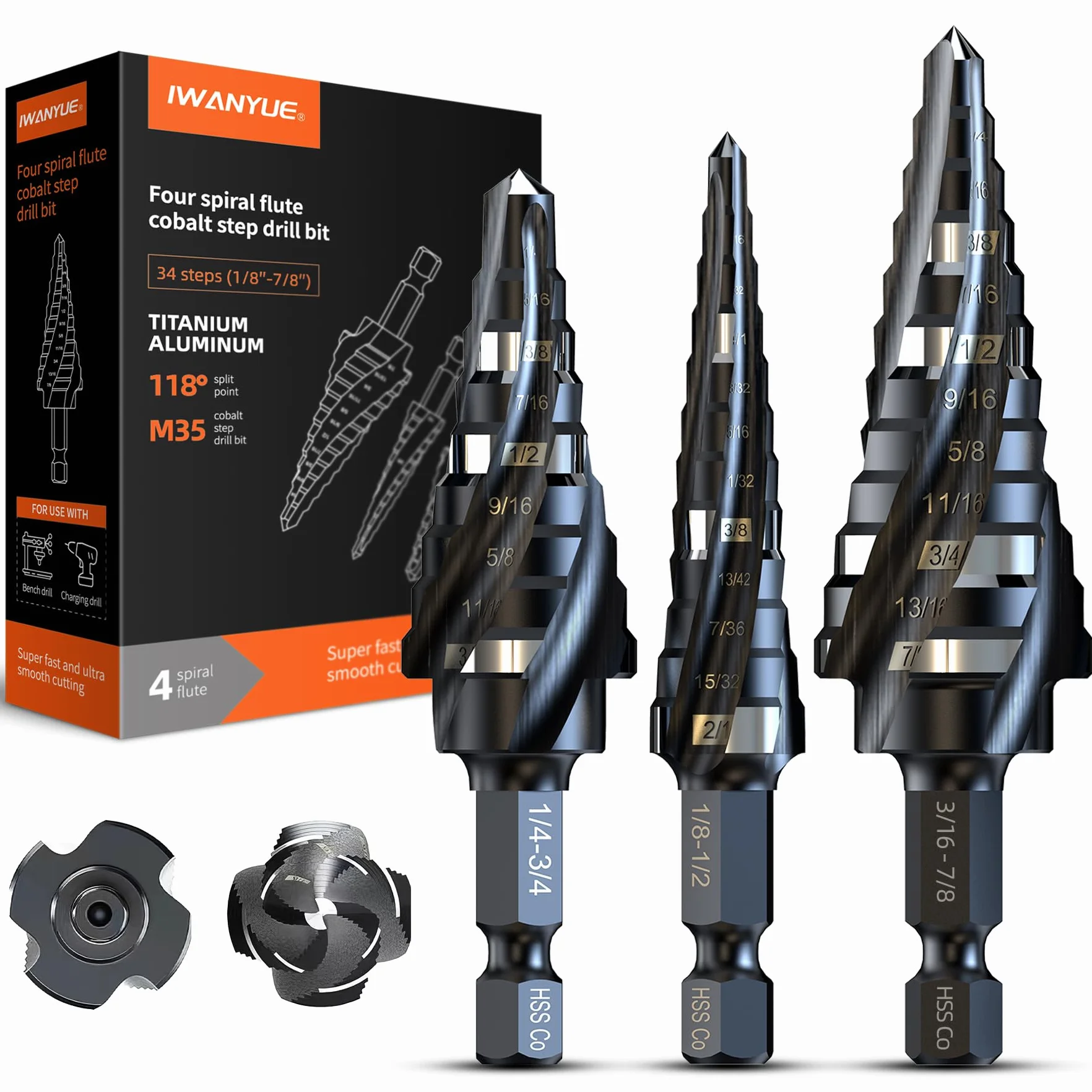 Wiertło stopniowe M35 kobaltowe HSS, cztery spiralne wiertło kobaltowe, 1/20.3 cm-7/20.3 cm (3 szt.) Unibit z chwytem sześciokątnym do aluminium, stali nierdzewnej, metalu, drewna, tworzywa