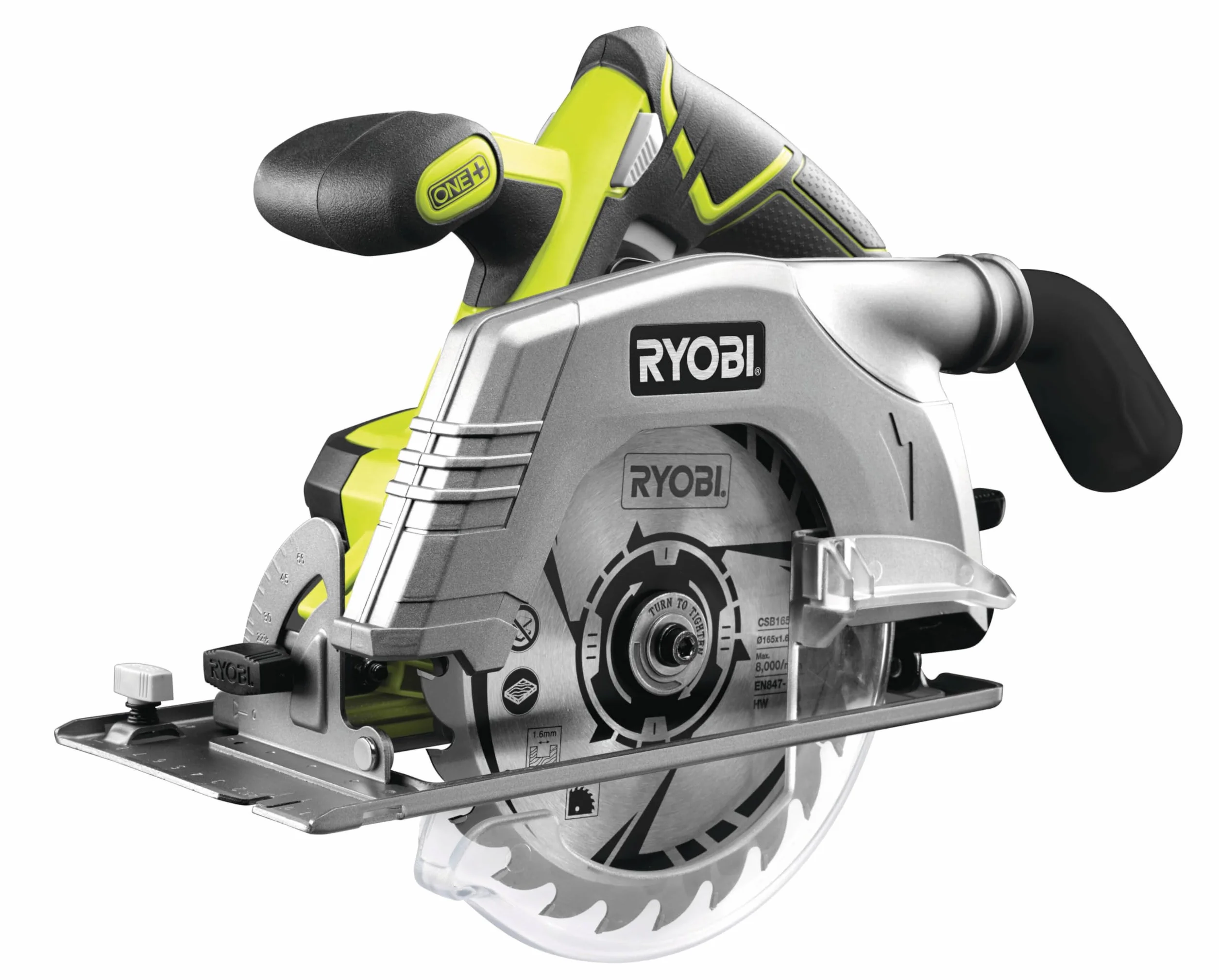 Ryobi Pilarka Tarczowa 18V, R18CS-0,Średnica Tarczy 165 mm, 24 Zęby, Regulowana Głebokość Cięcia, do 52 mm pod Kątem 90° i do 36 mm pod Kątem 45°, Zestaw Nie Zawiera Akumulatora i Ładowarki