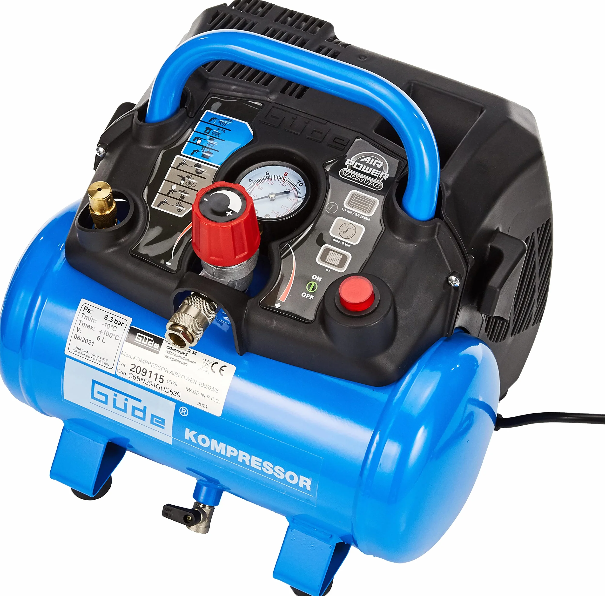 Güde Sprężarka Airpower 190/08/6 (bezolejowa, maks. ciśnienie 8 barów, kocioł 6 l, 1100 W, eff. ilość dostawy 145 l/min, reduktor ciśnienia/manometr/śruba spustowa kondensatu, w zestawie 6-częściowy