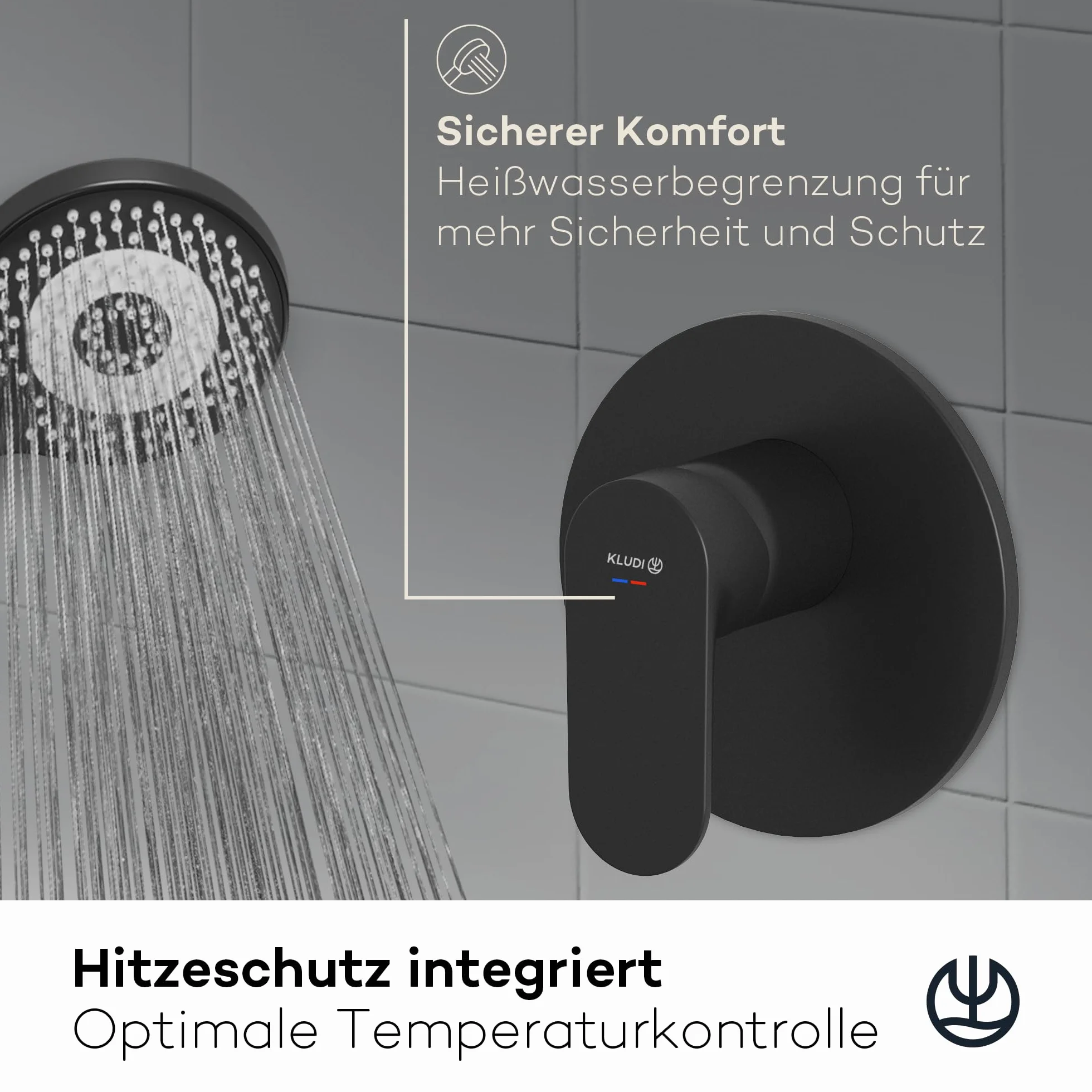 KLUDI -X1 podtynkowa armatura prysznicowa z ogranicznikiem ciepłej wody, bateria prysznicowa z wysokiej jakości ceramicznym wkładem do łazienki, czarna matowa, wymagane akcesoria KLUDI Slimbox (art.