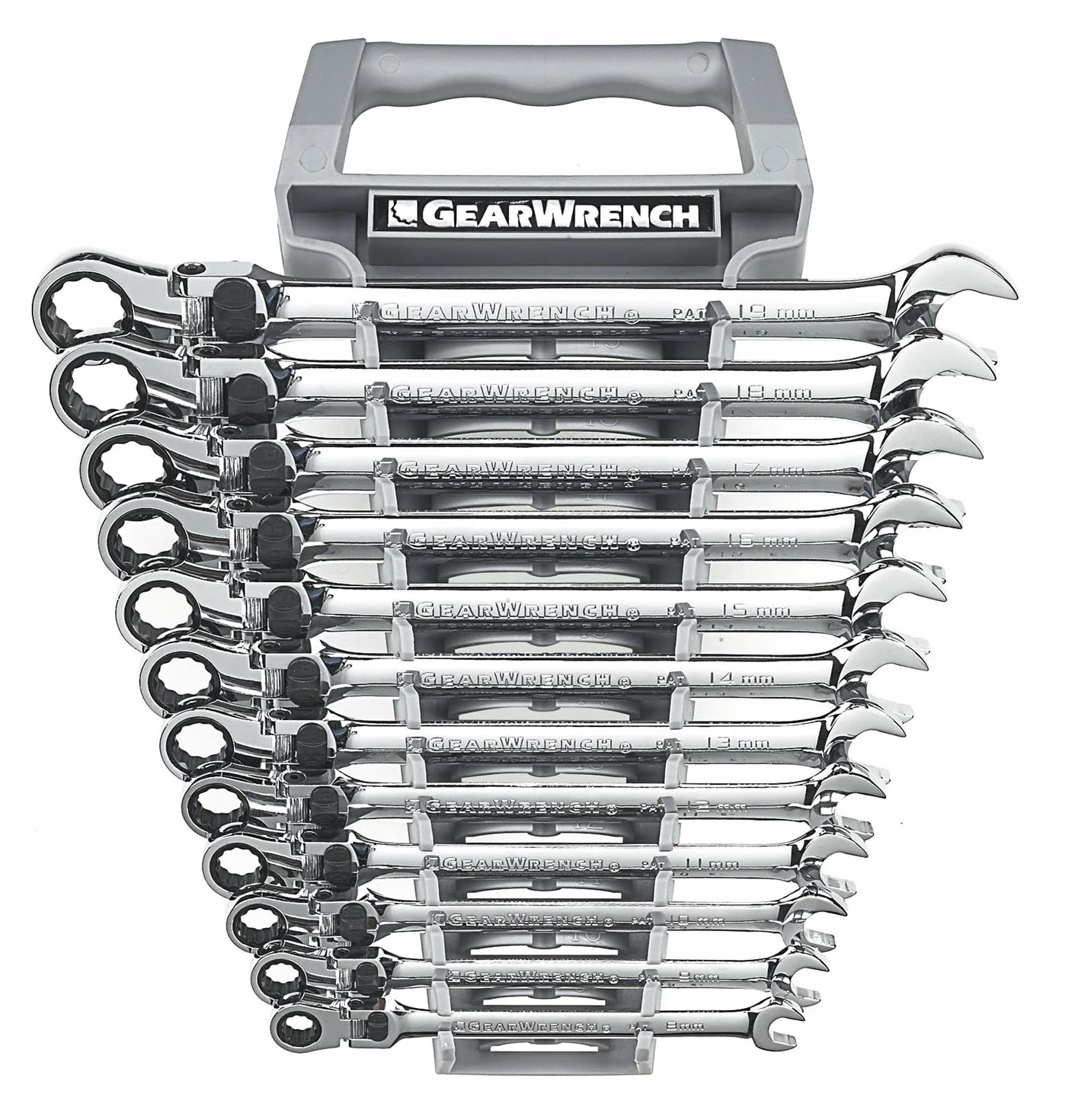 GearWrench 12-częściowy zestaw kluczy, 12 punktów, zestaw kluczy płasko-oczkowych XL z grzechotką, klucze metryczne (85698)