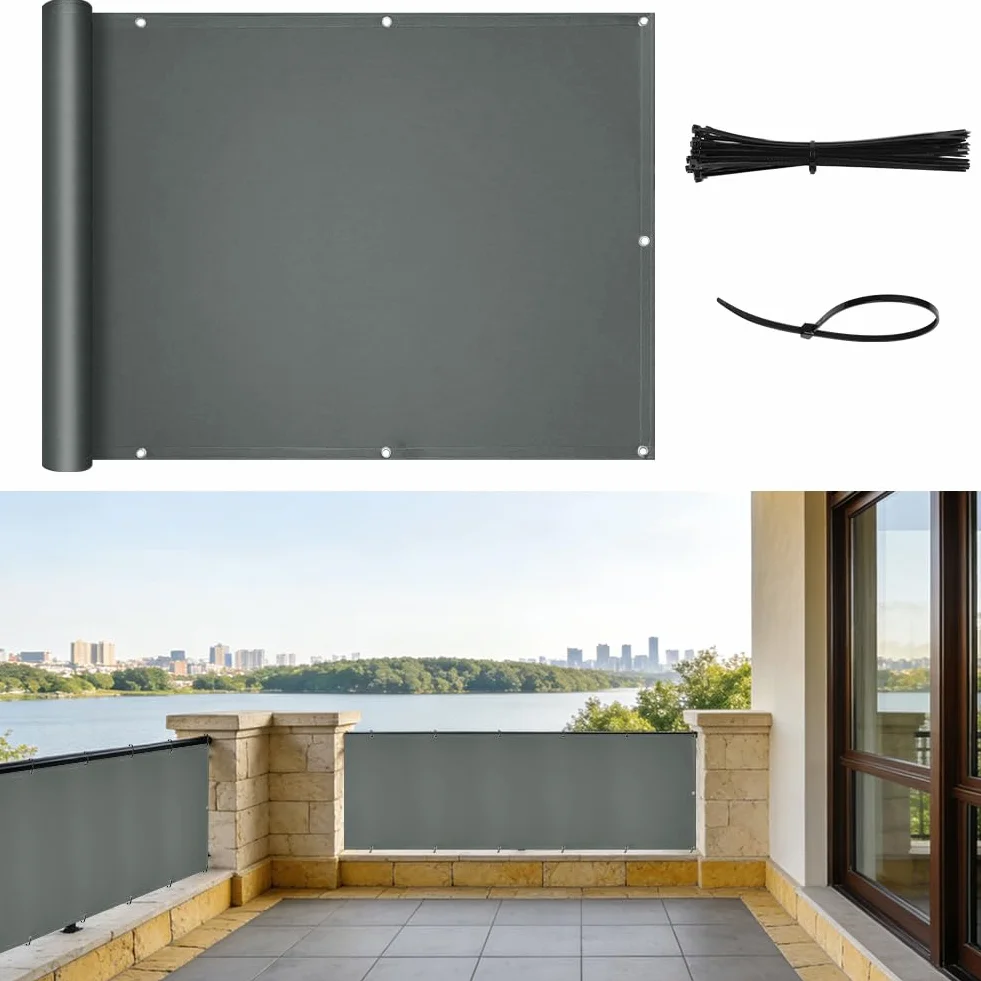 Osłona balkonowa 90 x 200 cm nieprzejrzysta ochrona prywatności UV odporna na warunki atmosferyczne ciemnoszara