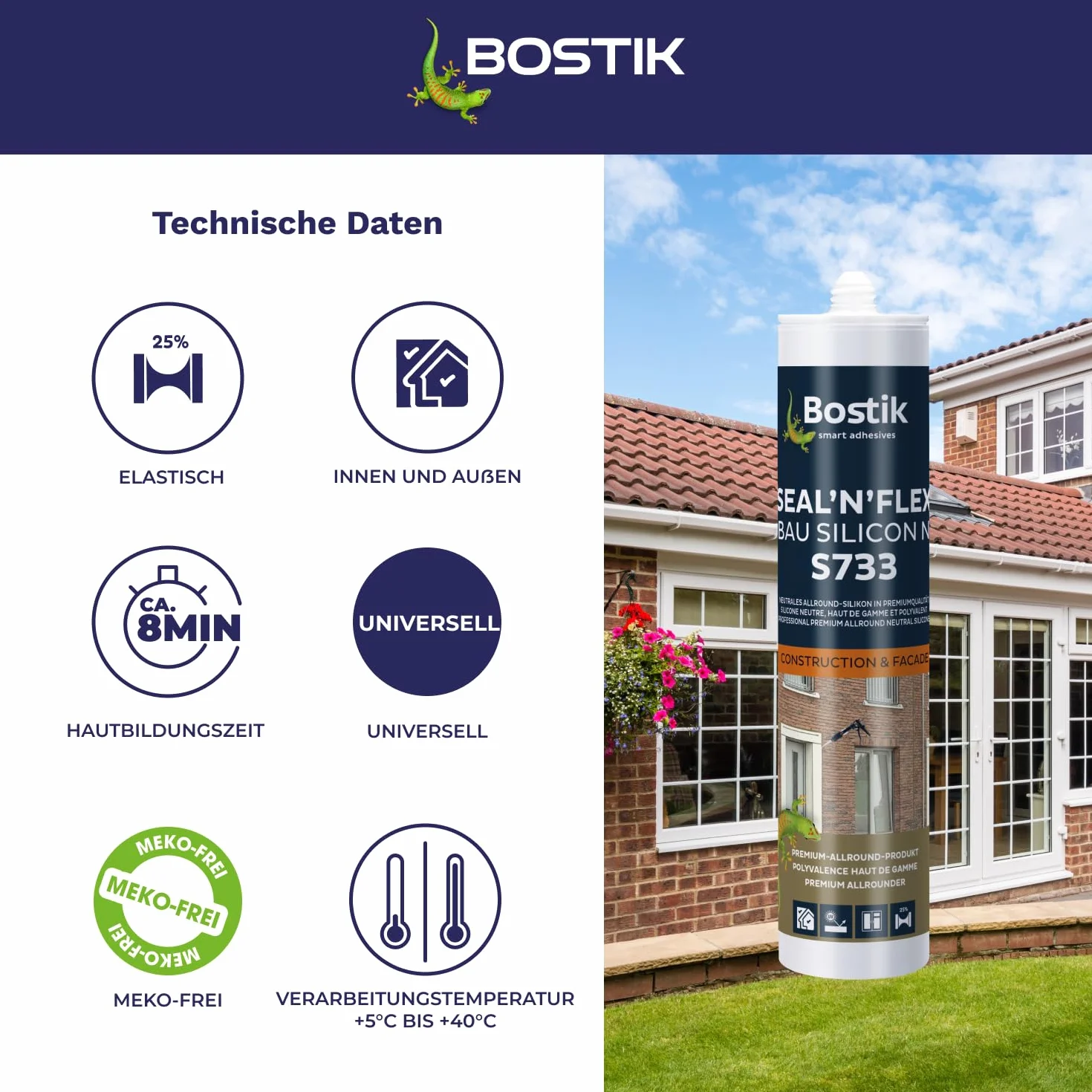 BOSTIK S733 Seal´n´Flex Bau silikon pyłoszczelny szary – neutralny uniwersalny silikon, odporny na pleśń, trwale elastyczny, dobrze tolerowany przez malowanie, do użytku wewnątrz i na zewnątrz, 300 ml
