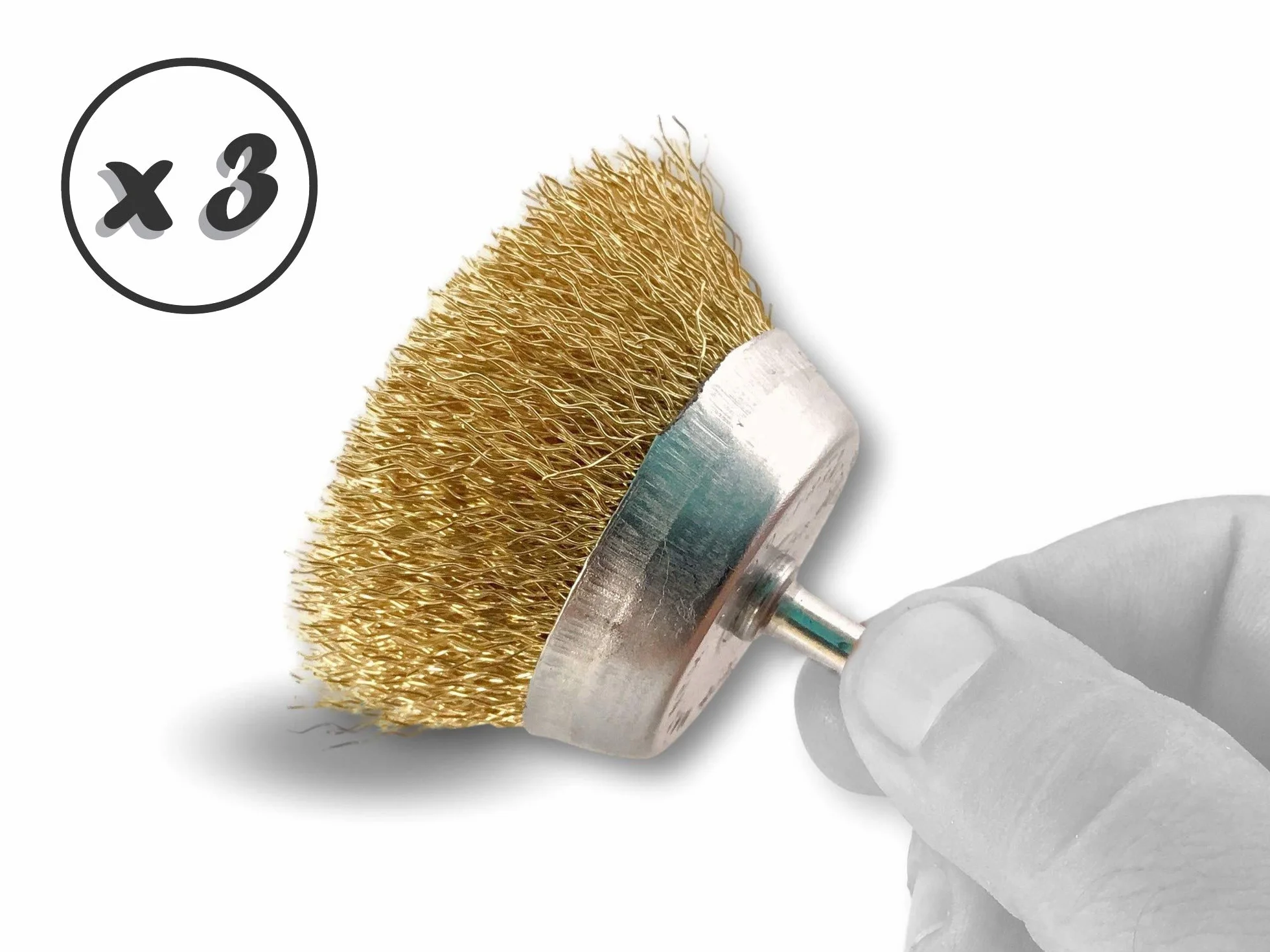 Metalowa szczotka obrotowa do cięcia Ø 75 mm | Zestaw 3 | Na pręcie Ø 6 mm | Drut mosiężny Ø 0,30 mm twardy | Do wiertarki lub wkrętarki z uchwytem | Kibros 2575LTx3