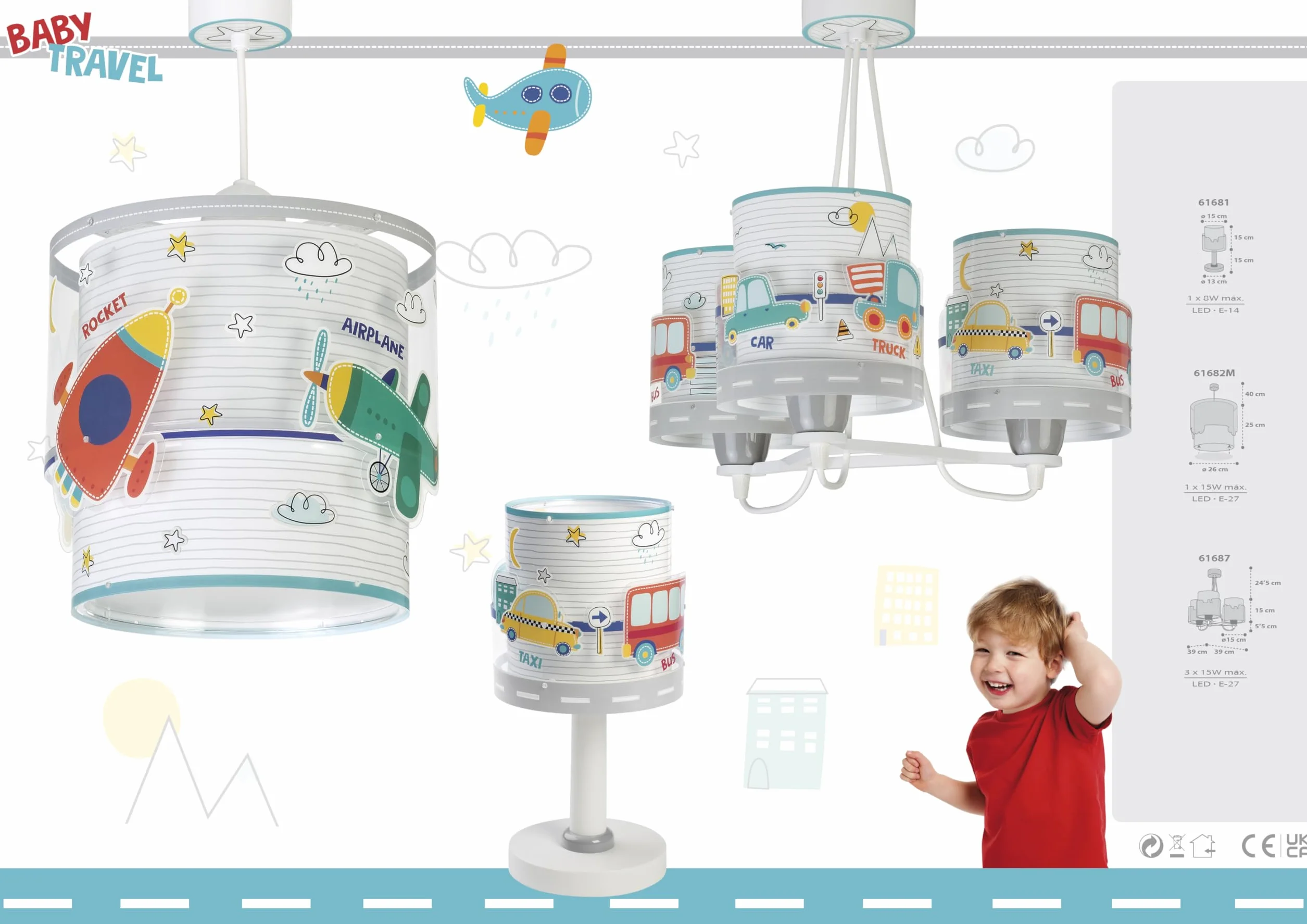 Dalber Lampa do pokoju dziecięcego, lampa wisząca, lampa sufitowa dla dzieci, lampa sufitowa do pokoju dziecięcego, 3 światła, do samochodu, samolotu, kolorowa, 61687, E27