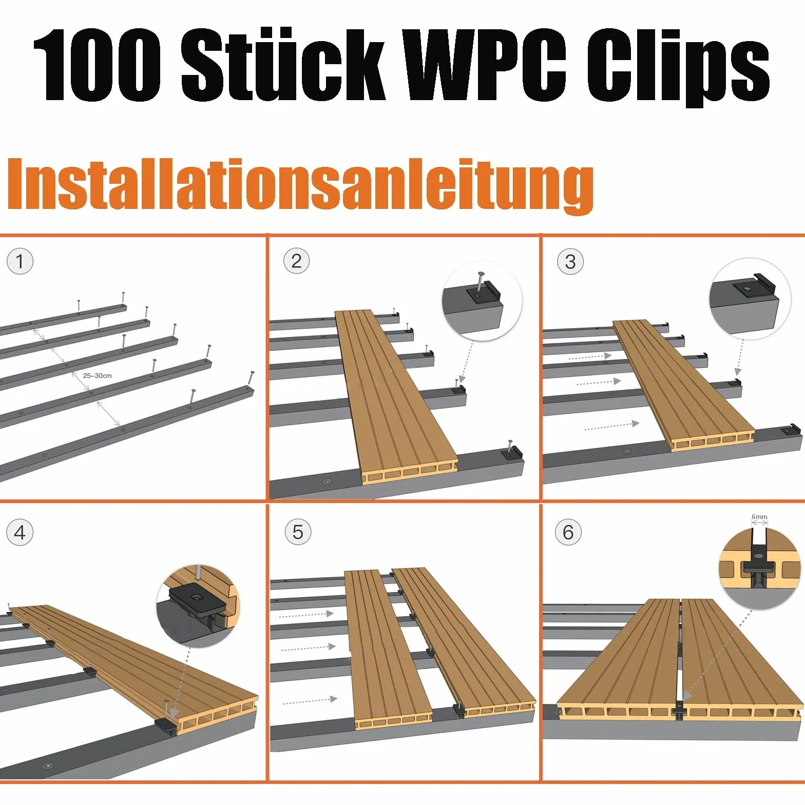 100 sztuk klipsów WPC, ukryte deski tarasowe, klipsy mocujące do desek tarasowych, 6 mm, tworzywo sztuczne do desek tarasowych WPC/BPC, czarny klips T z czarnymi śrubami