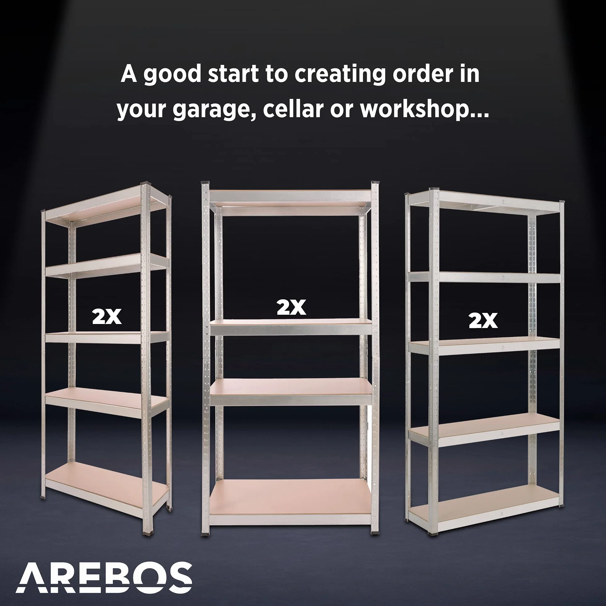 Arebos 2X Regał do dużych obciążeń | Regał do piwnicy | przechowywania | Regał bezśrubowy | 160x80x40cm | Zestaw 2 | 4 płyty MDF | 320kg