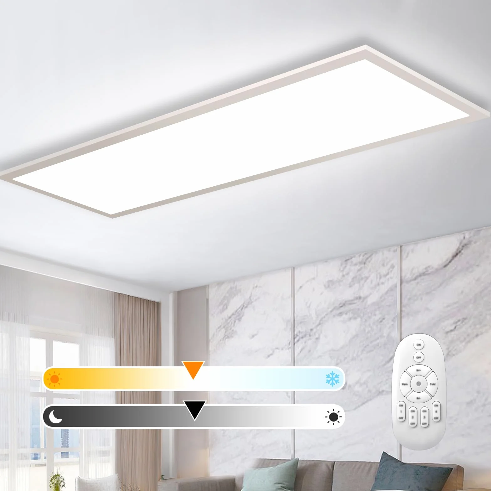 Omdekor Ściemnialna lampa sufitowa LED 100x25 cm, panel sufitowy 28W z pilotem i funkcją pamięci, mocne światło pośrednie 2700K-6500K, ultracienka lampa do biura, salonu, kuchni