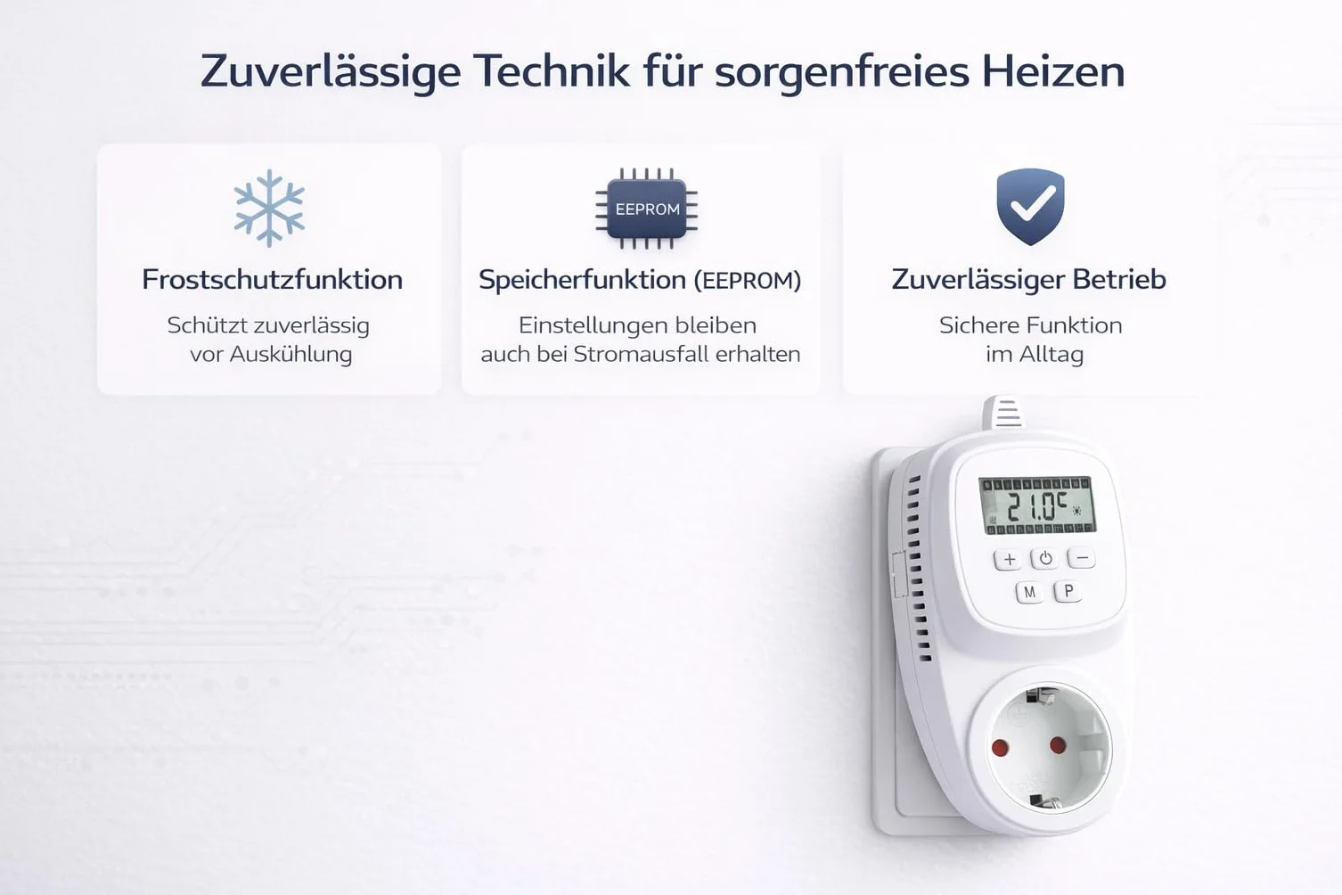 VIESTA® TH12 termostat gniazdkowy, programowalny, 7 dni, 230 V / 16 A / 3600 W, 5–35°C, 0,5°C, wyświetlacz LCD, pamięć EEPROM, ochrona przed zamarzaniem, do ogrzewania elektrycznego, paneli grzewczych
