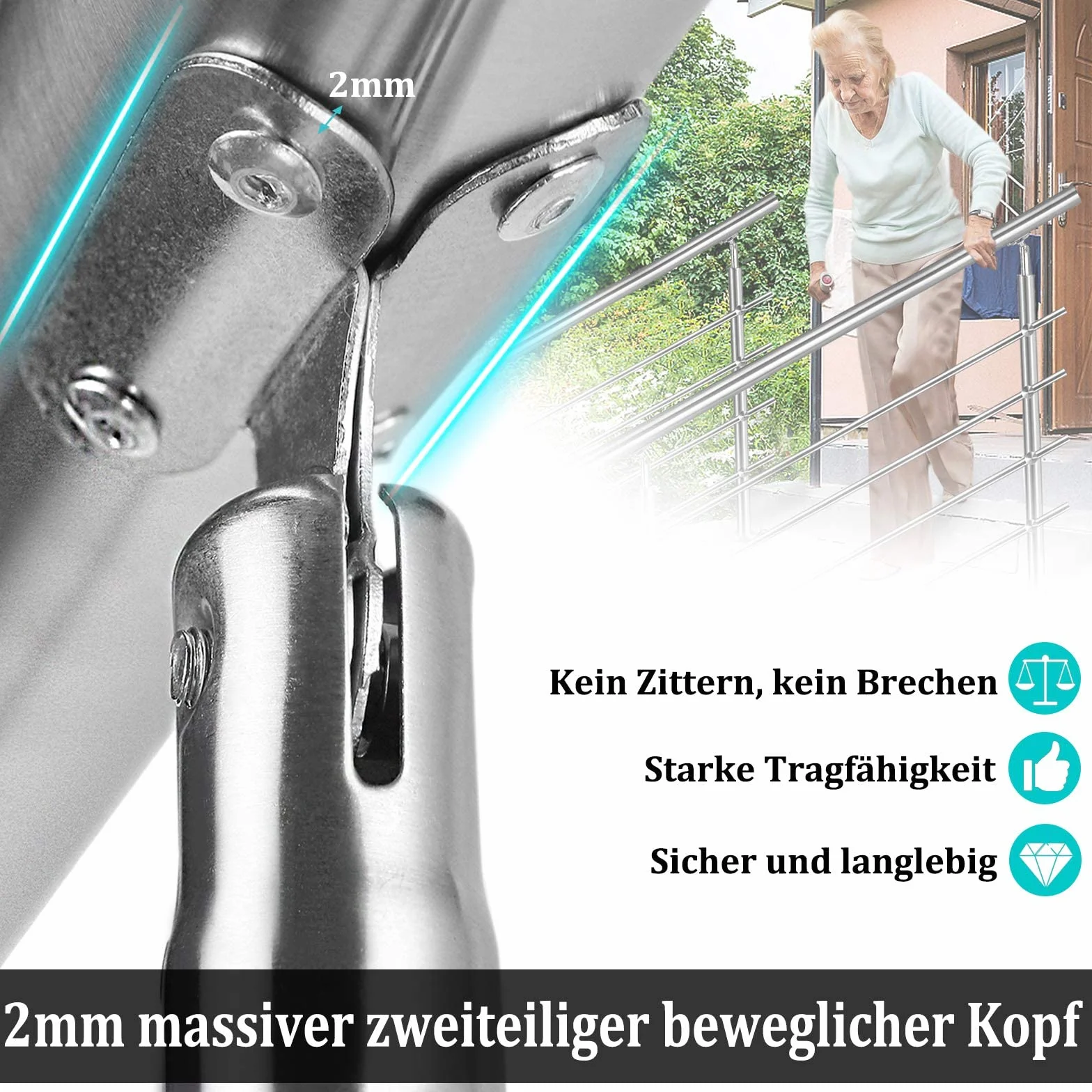 LZQ Poręcz ze stali nierdzewnej, zewnętrzna poręcz do schodów, na balkon, z/bez poprzeczek (180 cm, 5 poprzeczek)