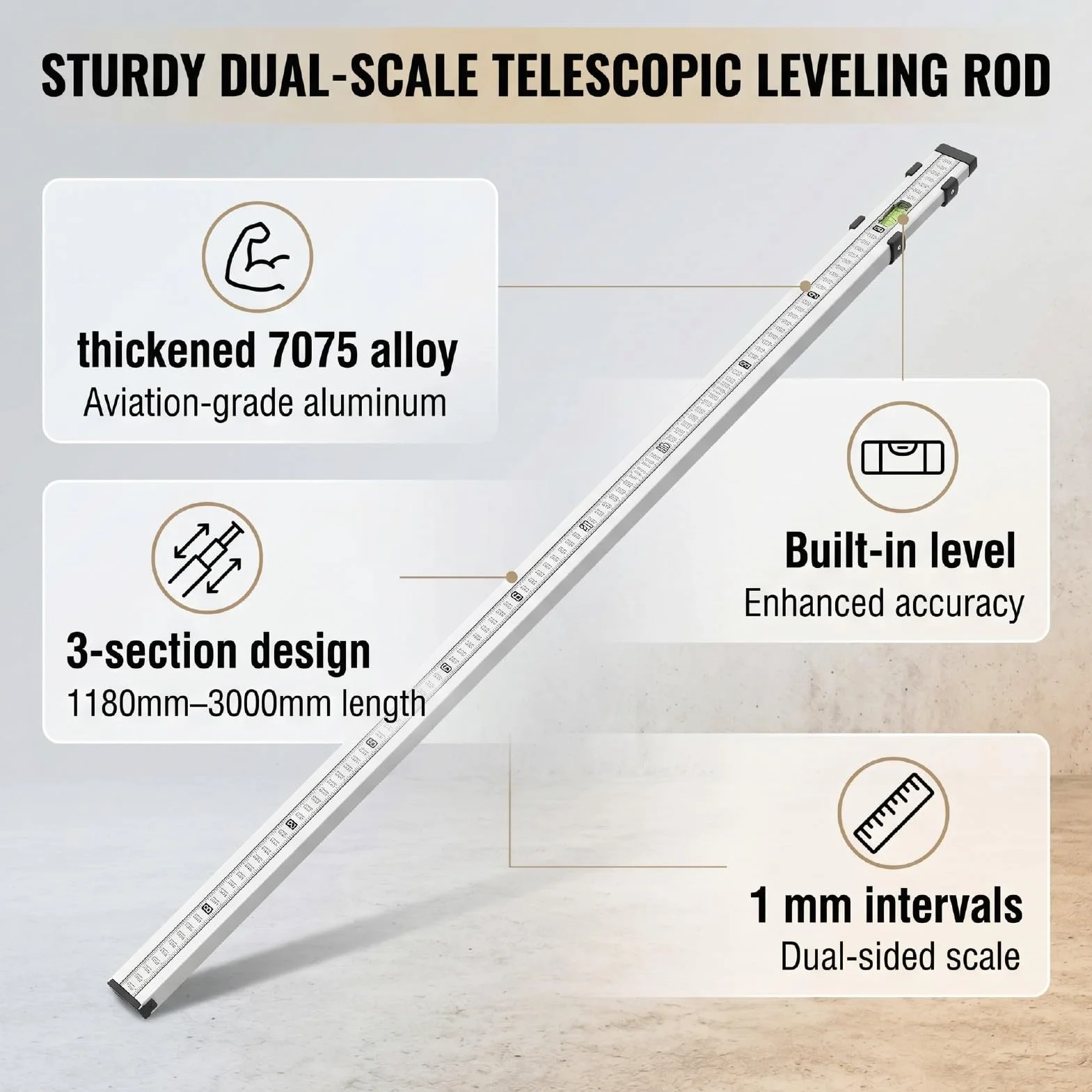 Fafeicy Pręt Aluminiowy Teleskopowy Drążek Poziomujący 1180–3000 Mm | z odwróconą skalą i poziomicą do majsterkowania