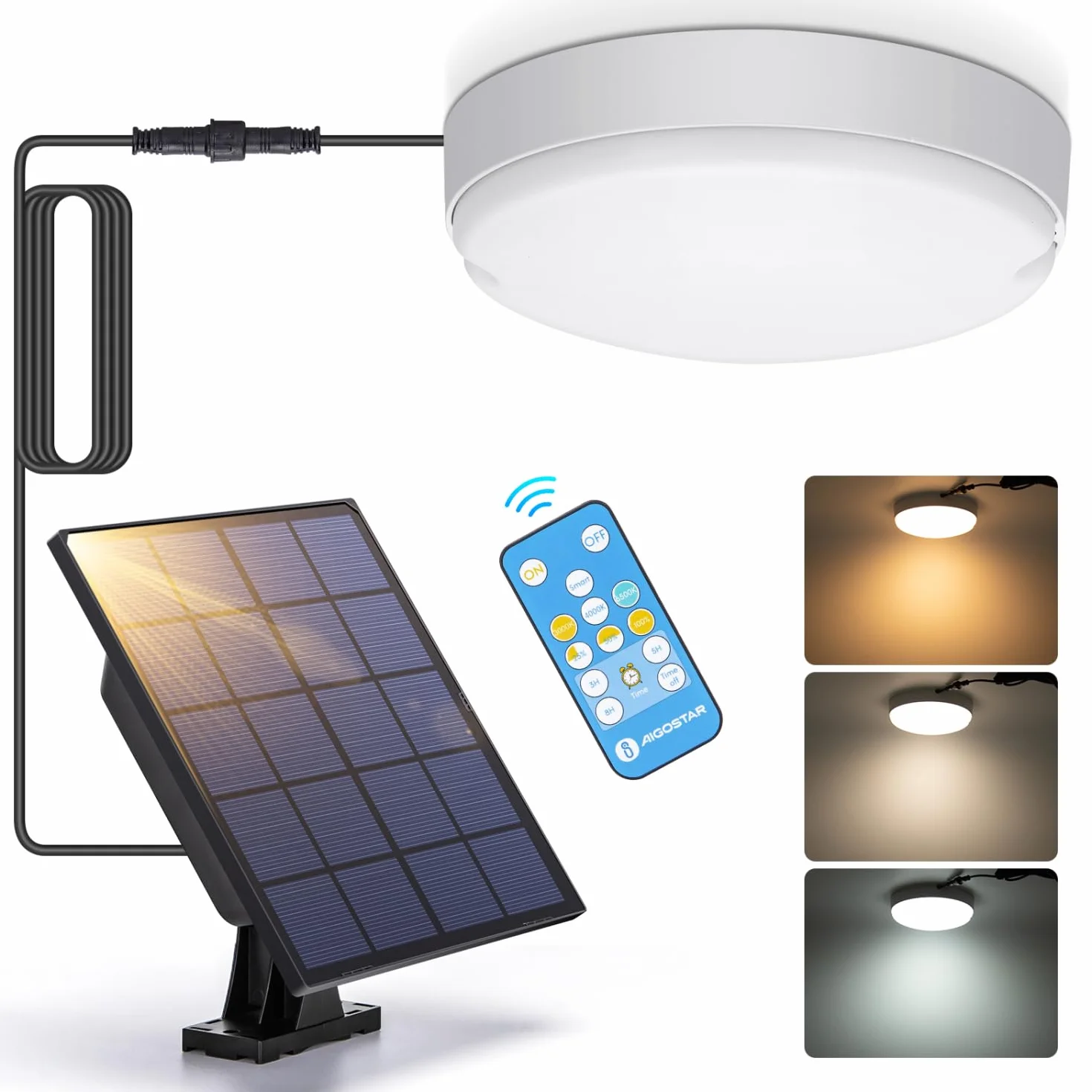 Aigostar Zewnętrzne lampy solarne 50 W, LED, z pilotem zdalnego sterowania, IP65, regulowana temperatura barwowa 3000 K/4000 K/6500 K, lampa sufitowa do użytku wewnątrz i na zewnątrz, z kablem o