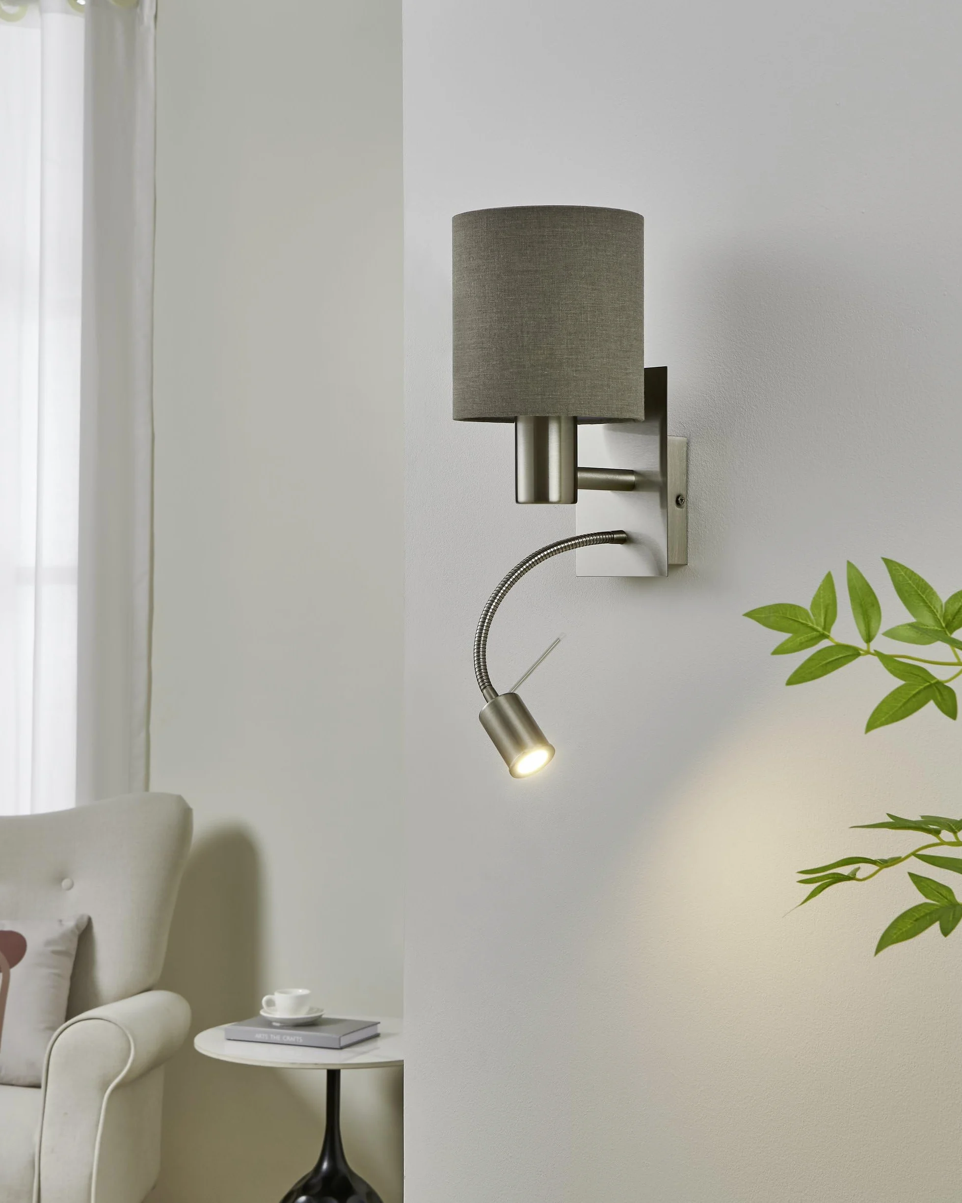 EGLO LED lampa ścienna PASTERI, 2-ogniskowa tekstylna lampa ścienna | materiał: stal, tkanina, kolor: nikiel matowy, szary, oprawka: E27, z przełącznikiem i elastyczną lampą do czytania LED