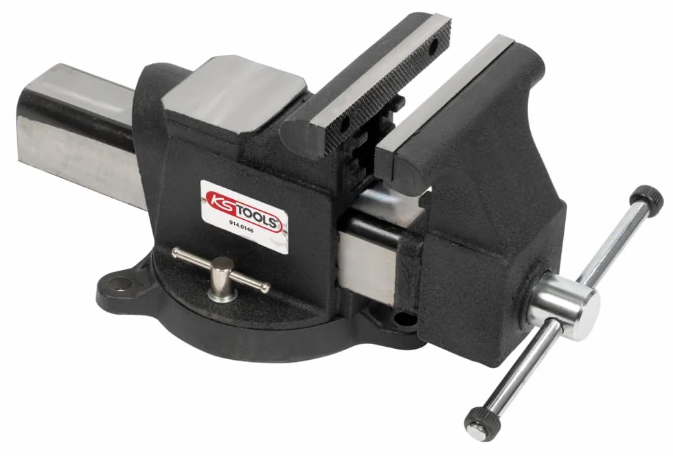 KS Tools 914.0146 – imadło do stołu warsztatowego wygięte, 150 mm – imadło stołowe z żeliwa ze stalowymi szczękami – uniwersalne dno – wymienne szczęki – odstęp do 170 mm