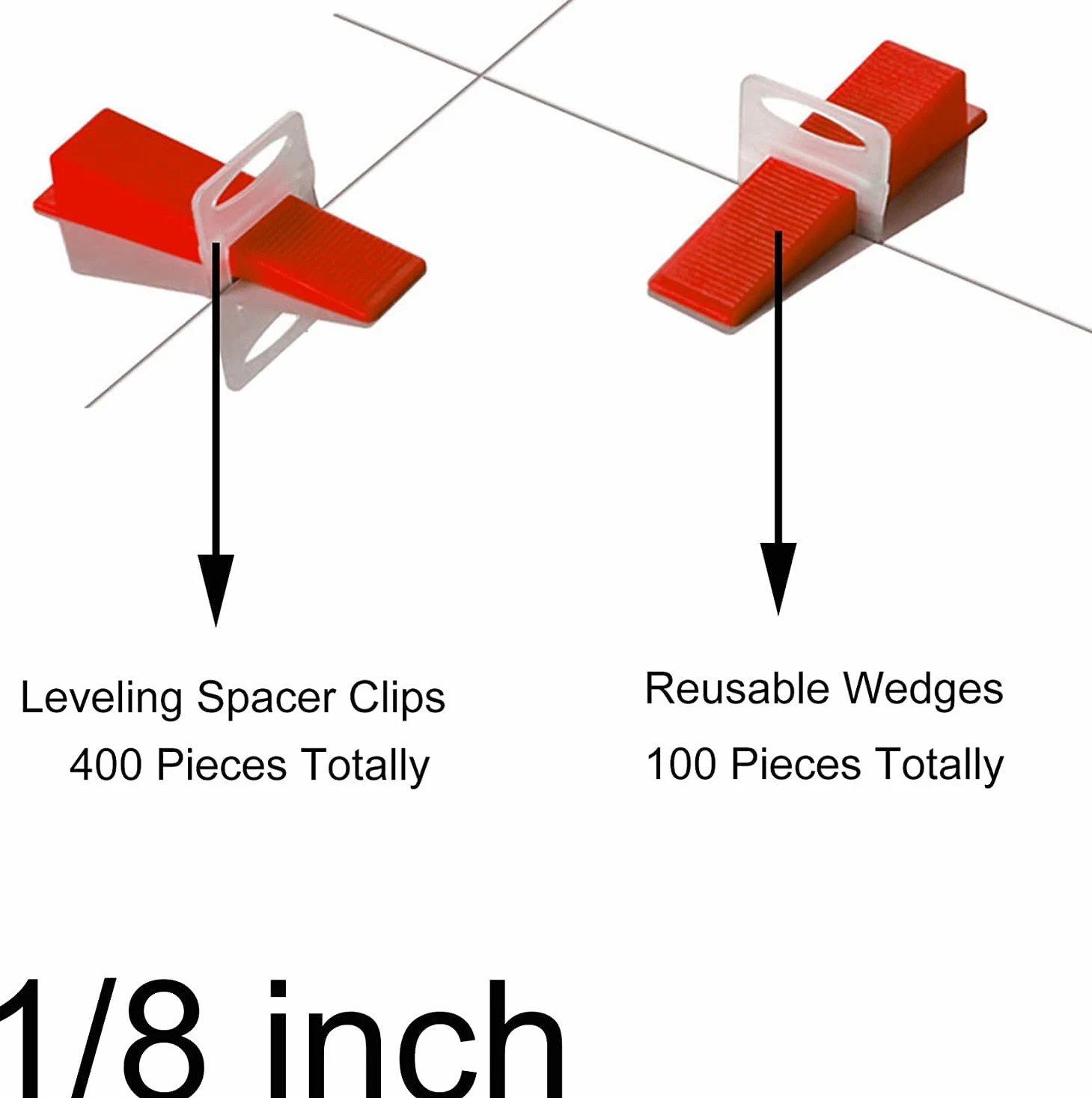 DIY Tiles Leveler Spacer, 1/8-calowy system poziomowania płytek, 400 sztuk klipsów dystansowych poziomujących i 100 sztuk klinów wielokrotnego użytku,Narzędzie do wyrównywania płytek