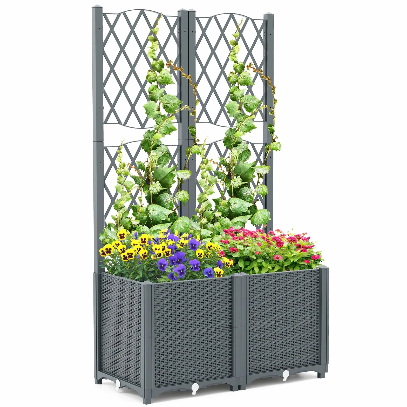 COSTWAY Skrzynka na kwiaty z kratką dla roślin pnących, podwyższona grządka z pergolą, donica na kwiaty do ogrodu, na podwórko, balkon, pergola ogrodowa, skrzynka na rośliny pnące z samoczynnym
