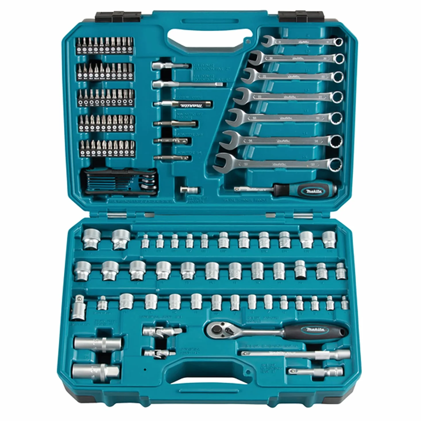 Makita E-06616 Zestaw Narzędzi, Niebieski/Czarny, 120 Elementów & Makita Grzechotka i zestaw Bitów 47-Częściowy, B-36170, Wielokolorowy