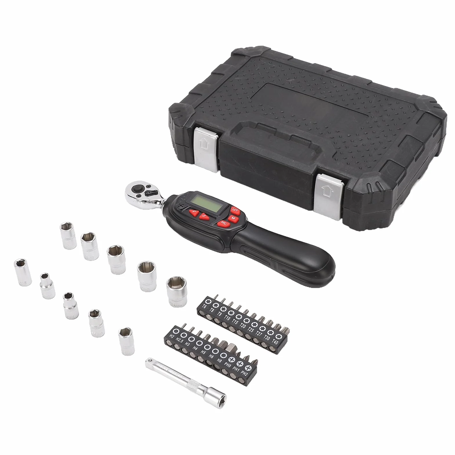 Yosoo Health Gear Cyfrowy Zestaw Kluczy Dynamometrycznych 1 4-calowy Klucz Dynamometryczny 1,5 do 30 Nm z Brzęczykiem LED 32-częściowy Zestaw Gniazd Sześciokątnych Przechowywanie Danych dla (32