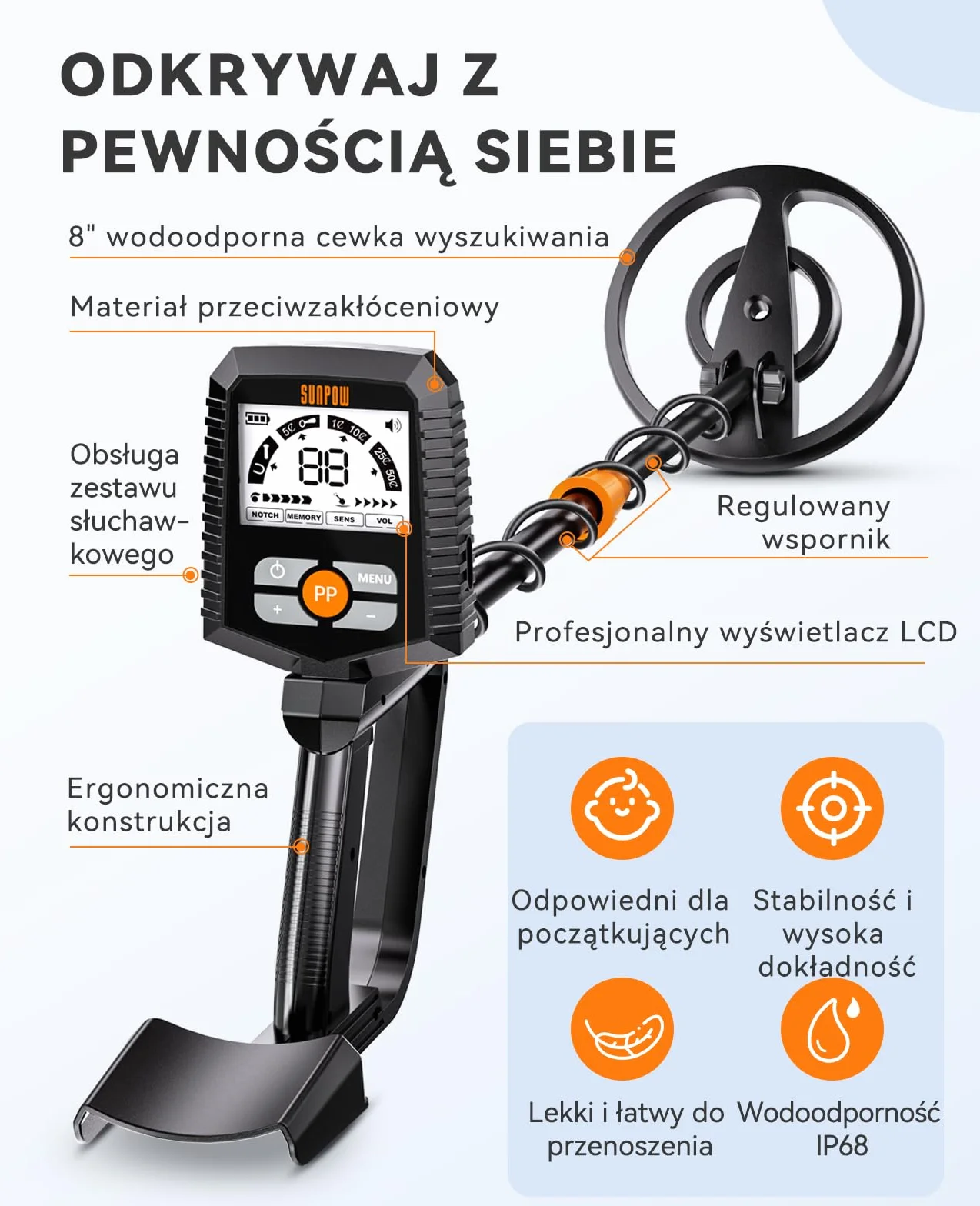 SUNPOW Profesjonalny Wykrywacz Metali 4 Tryby LCD Zestaw Kompletny