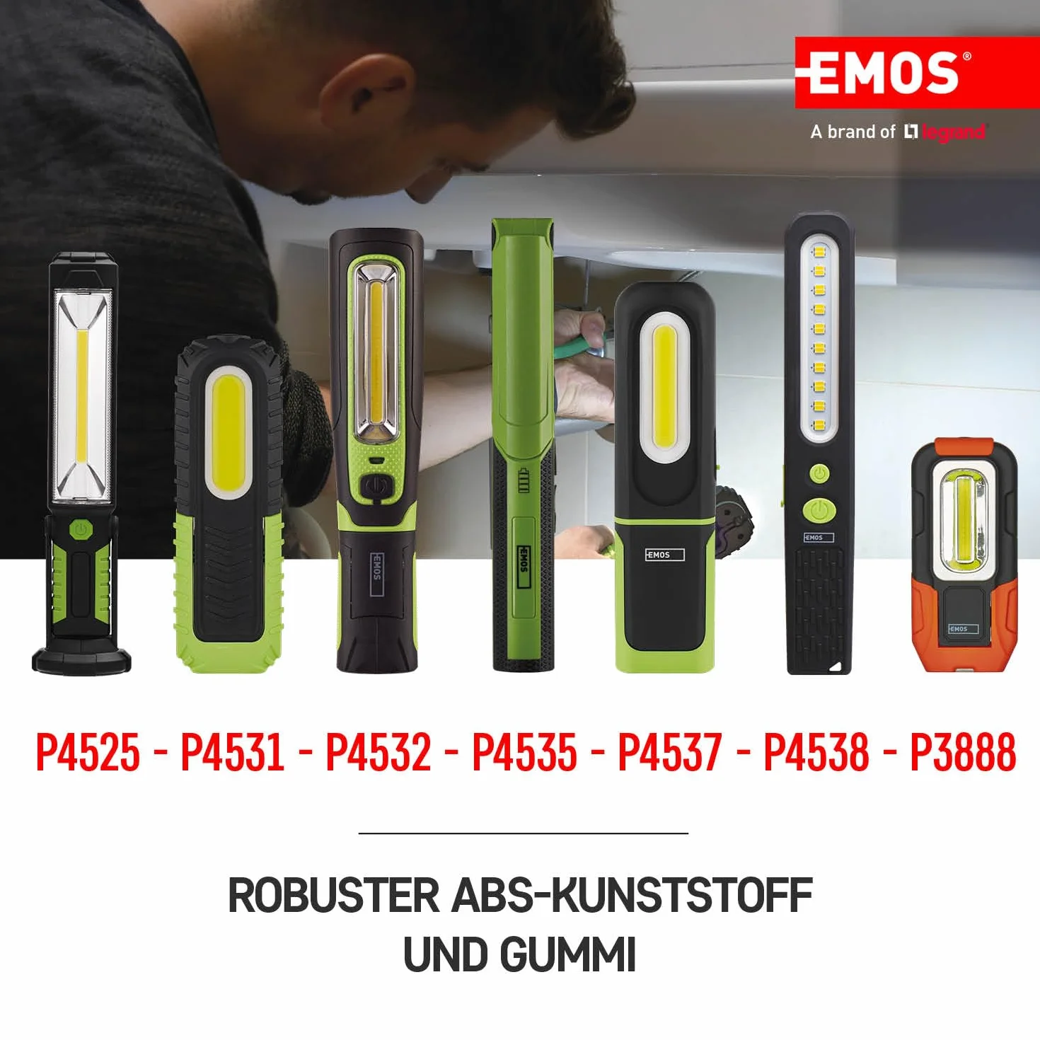 EMOS Lampa robocza LED, ładowalna wodoszczelna lampa warsztatowa z obrotową nóżką, hakiem i magnesem, 400 lm, zasięg świecenia 40 m, akumulator 2000 mAh z 8,5 godz. czasu świecenia i kablem USB, 3 tryby świecenia