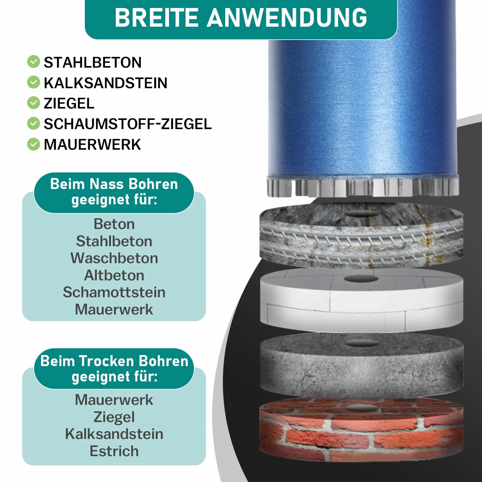 Diamentowa koronka wiertnicza do wiertarki rdzeniowej, Turbo wiertło rdzeniowe z SDS-Plus - 1 1/4" - Ø 62 mm - długość całkowita 460 mm - ze stopu metalu - wiertło do puszek na sucho do betonu