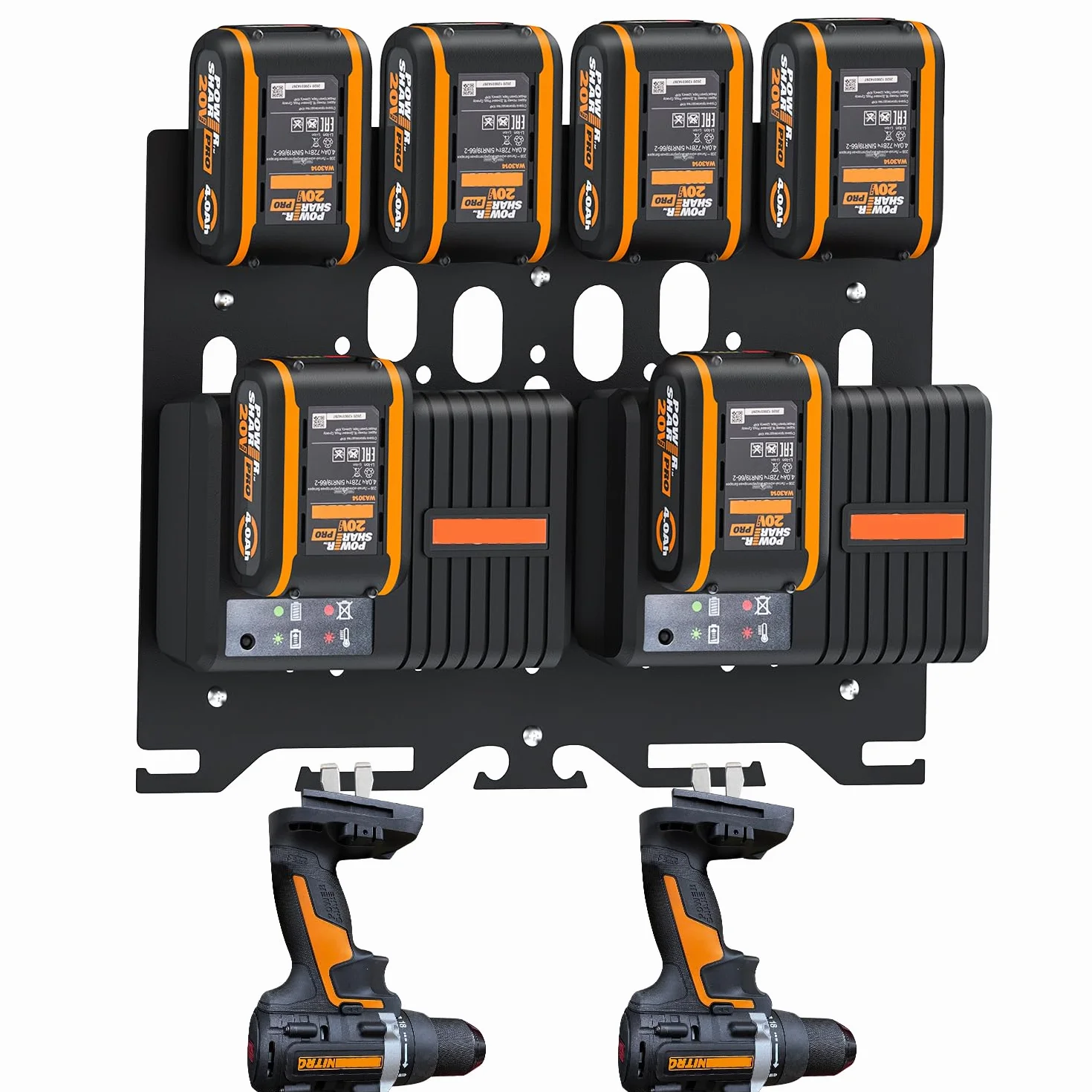 Upgrade 3 w 1 uchwyt ścienny do ładowarek Worx, akumulatorów i wiertarki, metalowy uchwyt na akumulator do 4 akumulatorów 20 V, 2 ładowarki WA3867 / 2 ładowarki WA3880 / 1 podwójna ładowarka