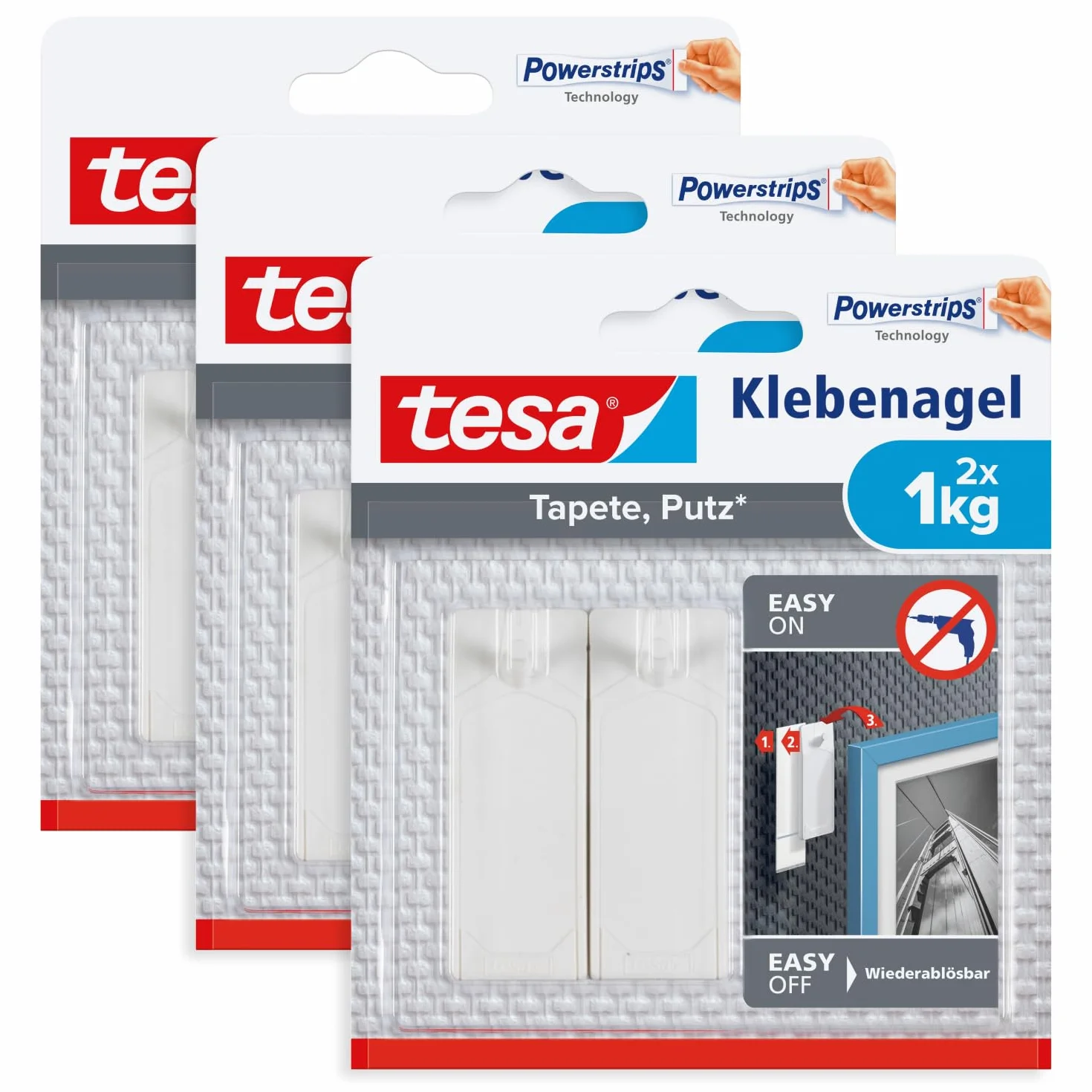 tesa Gwoździe samoprzylepne do tapet i tynku, 1 kg, 3 sztuki w opakowaniu – samoprzylepne paznokcie do delikatnych powierzchni – bez pozostawiania śladów – do 1 kg udźwigu na paznokieć – 3 x 2