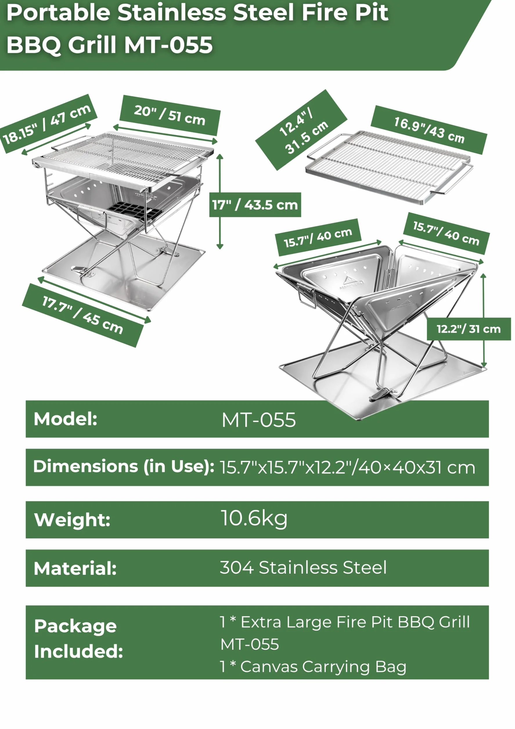 CAMPINGMOON Przenośny grill opalany drewnem ze stali nierdzewnej 50 cm z torbą transportową MT-055