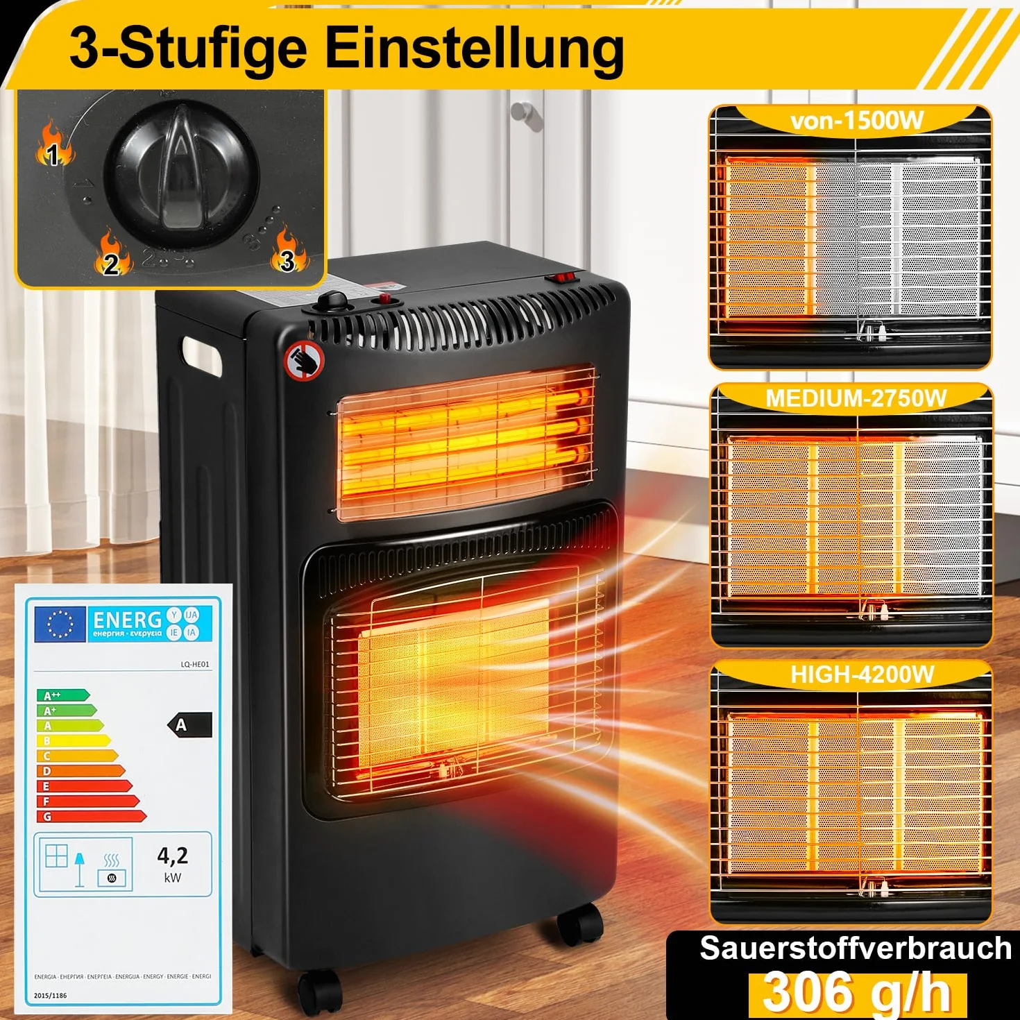 Grzejnik gazowy 4,2 kW + 1,26 kW, 3 poziomy grzania, do butli 15 kg