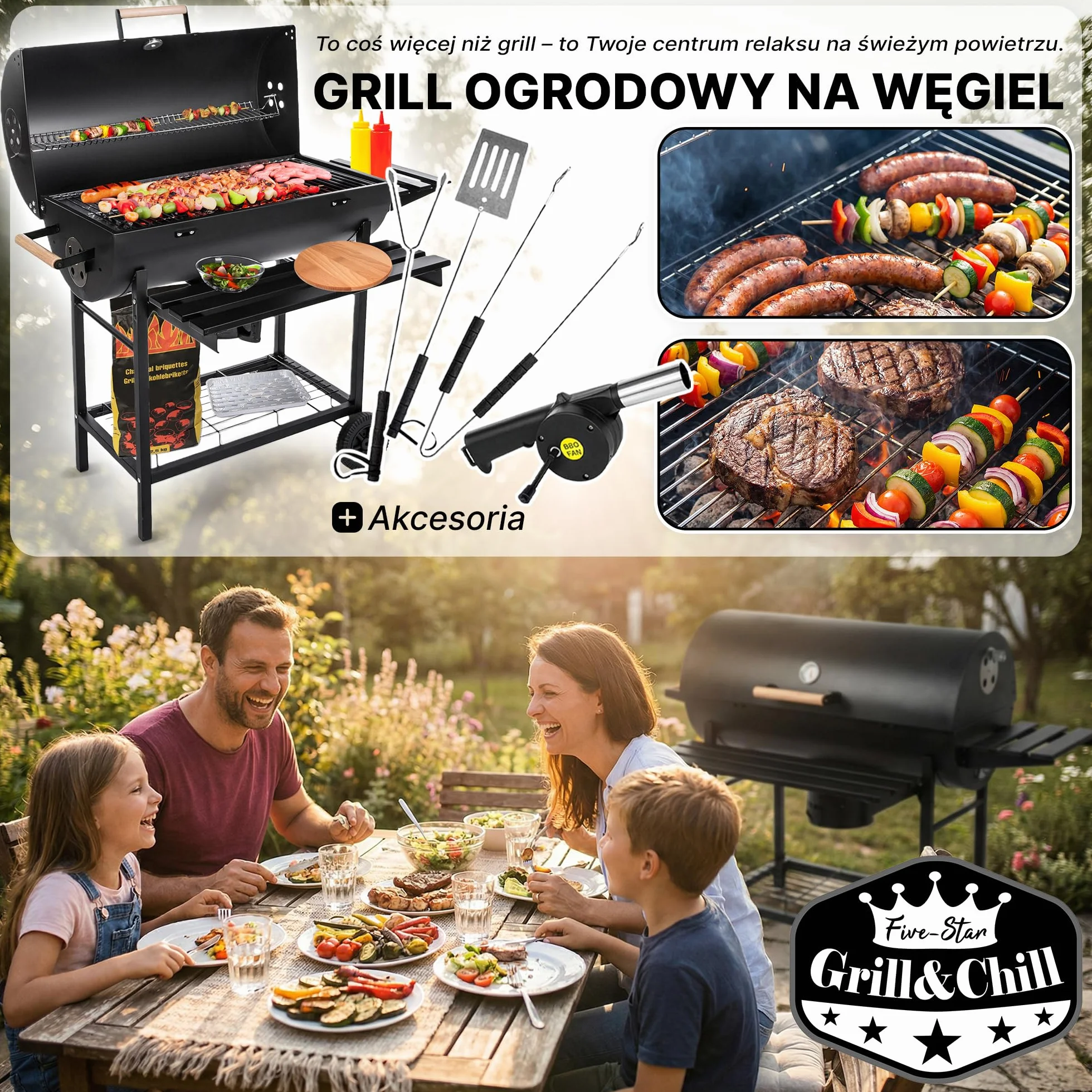 Five-Star Grill & Chill Grill Węglowy Ogrodowy z Pokrywą 71x35 cm GC0002