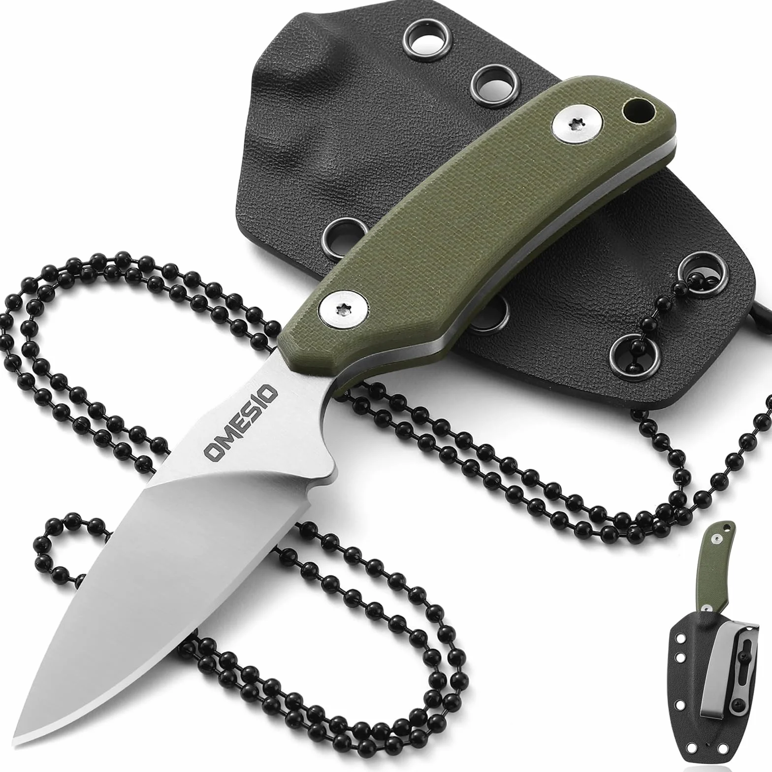 Nóż Omesio Neck Mały nóż ze stałym ostrzem ze stali D2 zgodny z 42a Rękojeść G10 Full Tang z pochwą z Kydexu, Spear Point
