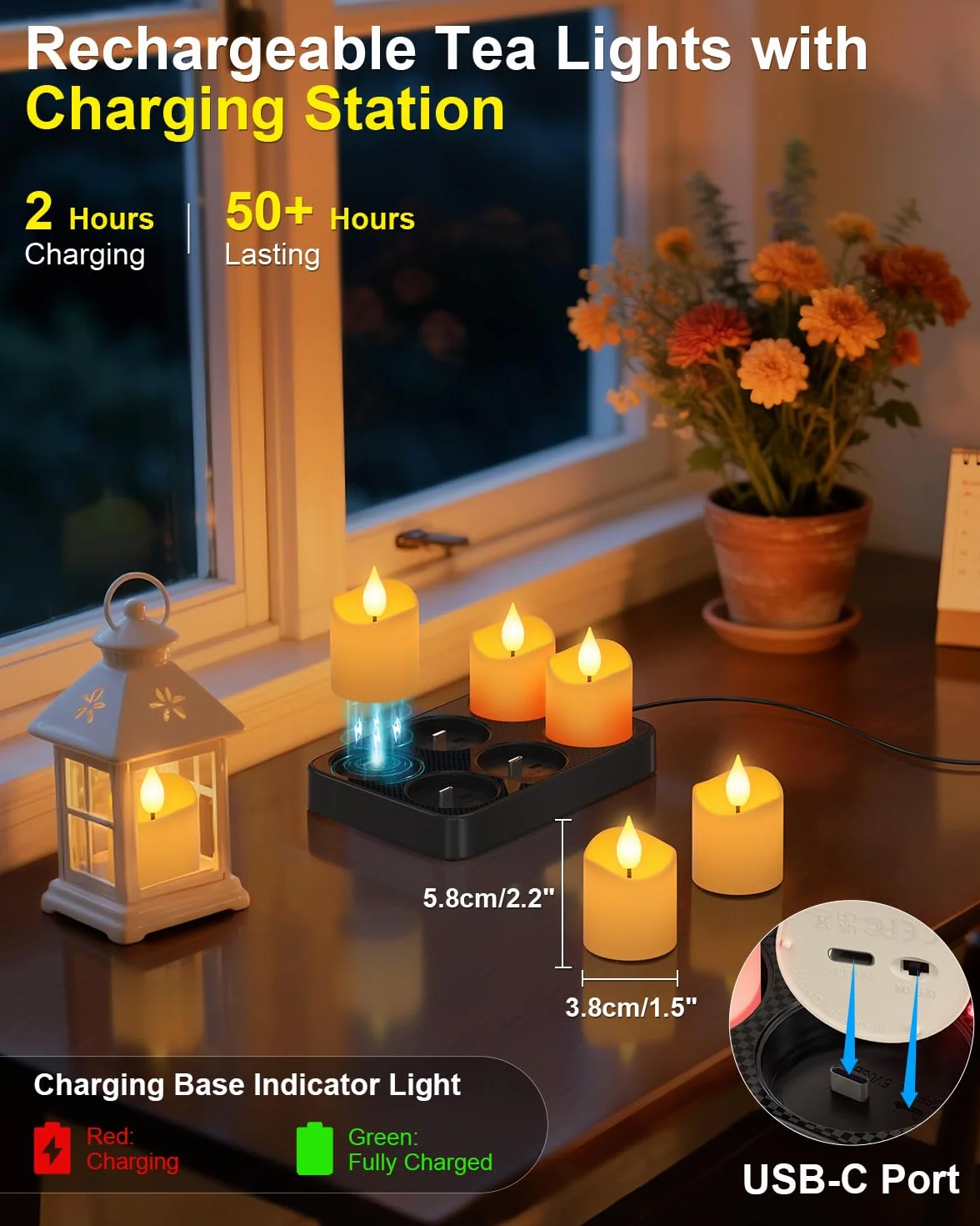 SoulBay Akumulatorowe podgrzewacze ze stacją ładującą, 6 szt. akumulatorowych lampek LED z pilotem zdalnego timera, bezpłomieniowe elektryczne świece LED migoczące na Halloween, Boże Narodzenie