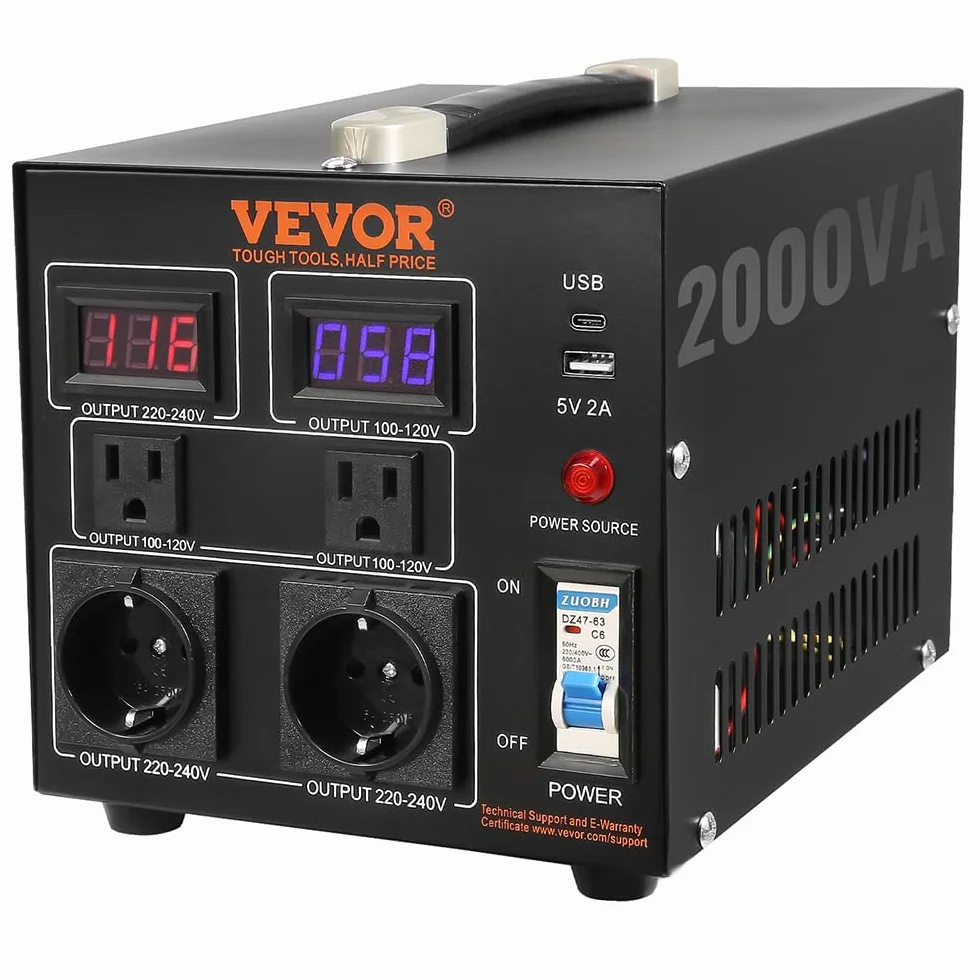 VEVOR Transformator 2000 W AC 110 V 220 V transformator 2X US NEMA 5-15R 3-biegunowy/2 x standardowe europejskie gniazda wyjściowe Shucko, 1 x złącze USB 5 V, 1 x gniazdo typu C