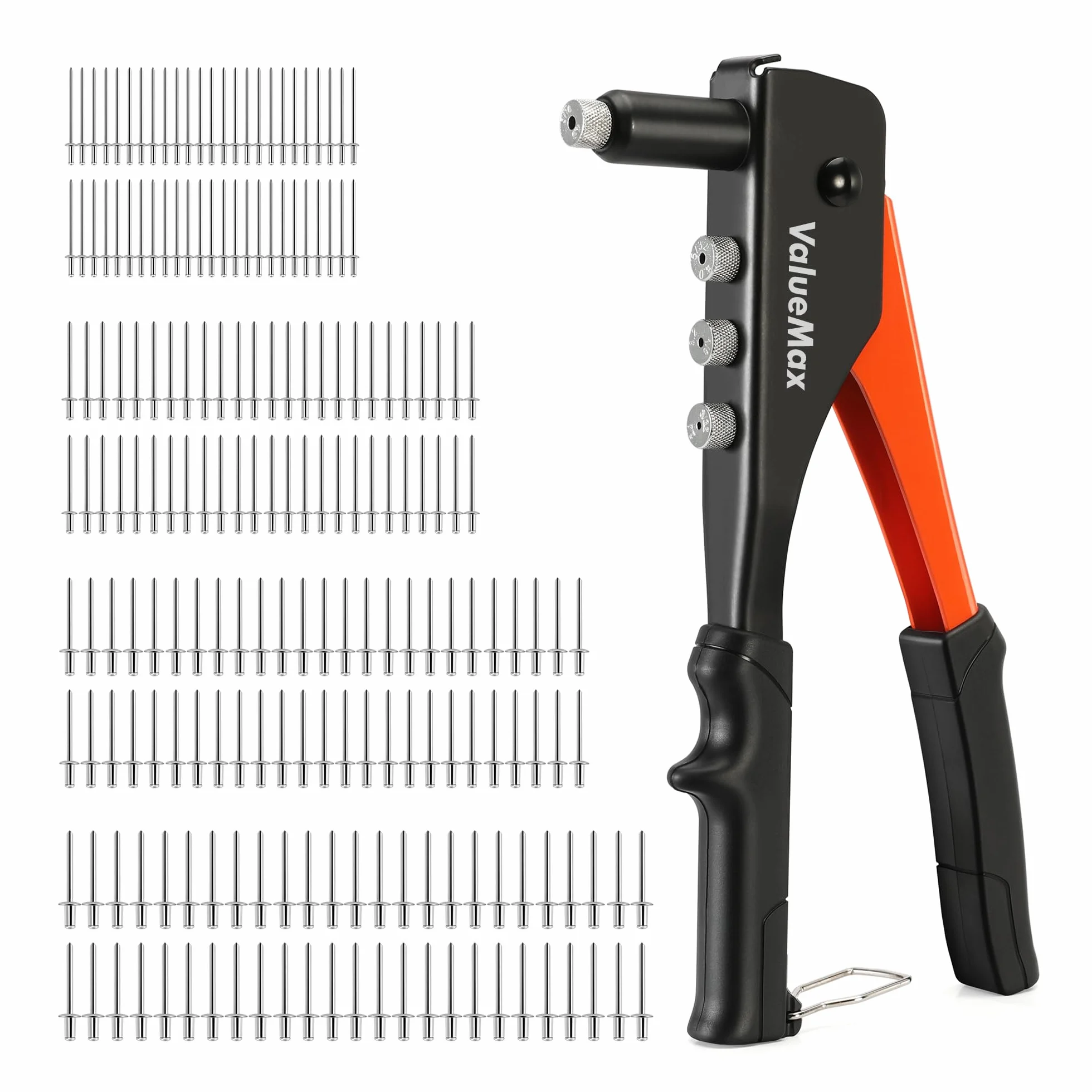 ValueMax Zestaw nitów 4 w 1 z 200 nitami, nitownica pop z 4 wymiennymi końcówkami 3/32" (2,4 mm), 1/8" (3,2 mm), 5/32" (4,0 mm), 3/16" (4,8 mm), wytrzymały zestaw nitów pop