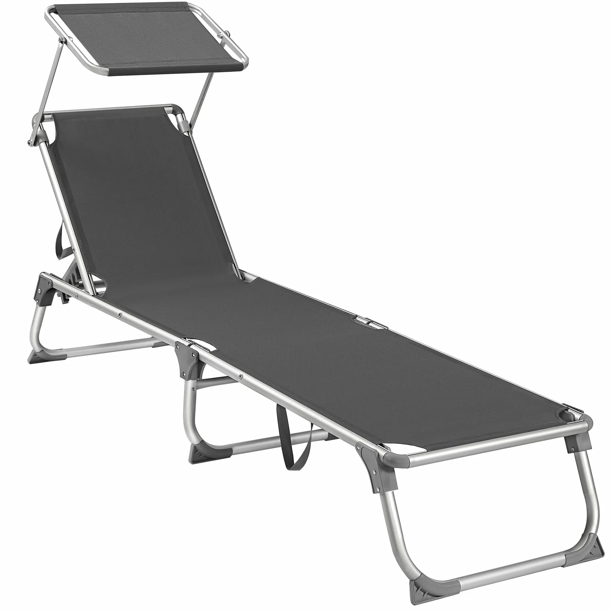 SONGMICS GCB19GYV1 składany leżak plażowy, 193 x 55 x 31 cm, maks. obciążenie 150 kg, z ochroną przed słońcem, regulowane oparcie, na taras, basen, do ogrodu, kolor szary dymny