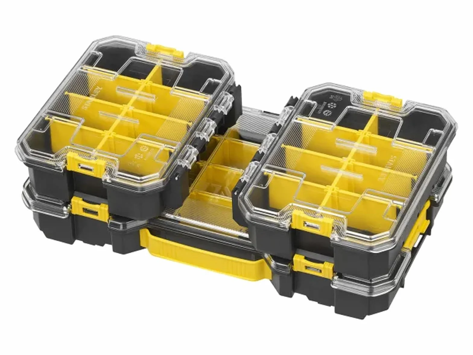 STANLEY® FATMAX® PRO-STACK™ zestaw organizerów – zestaw 3 szt., 1 duże i 2 małe płytkie organizery, zdejmowane przegrody, system przechowywania do układania w stos, przezroczysta pokrywka, przenośne