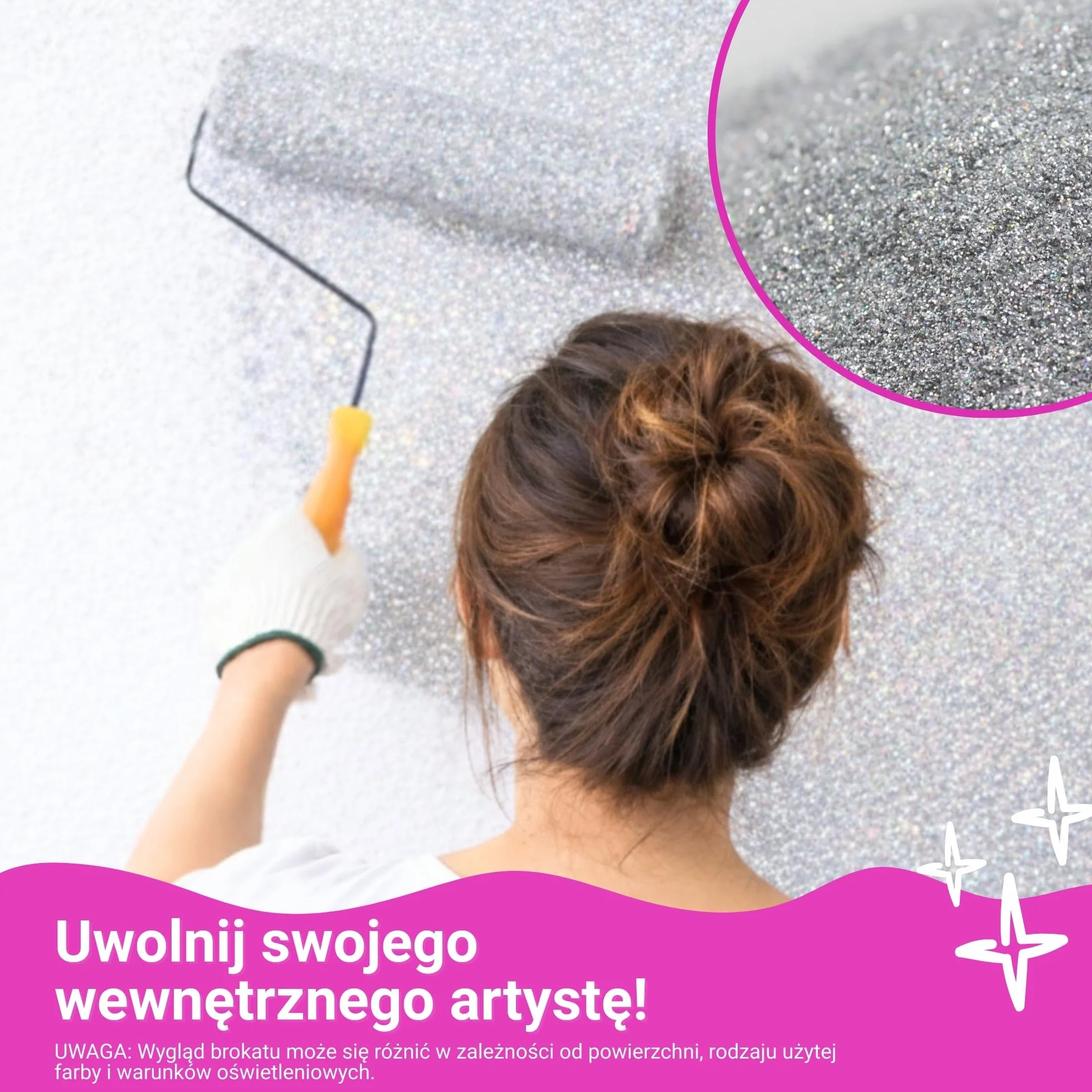 Levaka 150g Czyste Srebro Brokat do Farby – 2 x Nakładki Polerujące – Brokat do Ścian Mieszalny z Każdym Rodzajem Farby Emulsyjnej – Lśniące Brokatowe Ściany Wewnątrz i na Zewnątrz, Sufity, Drewno