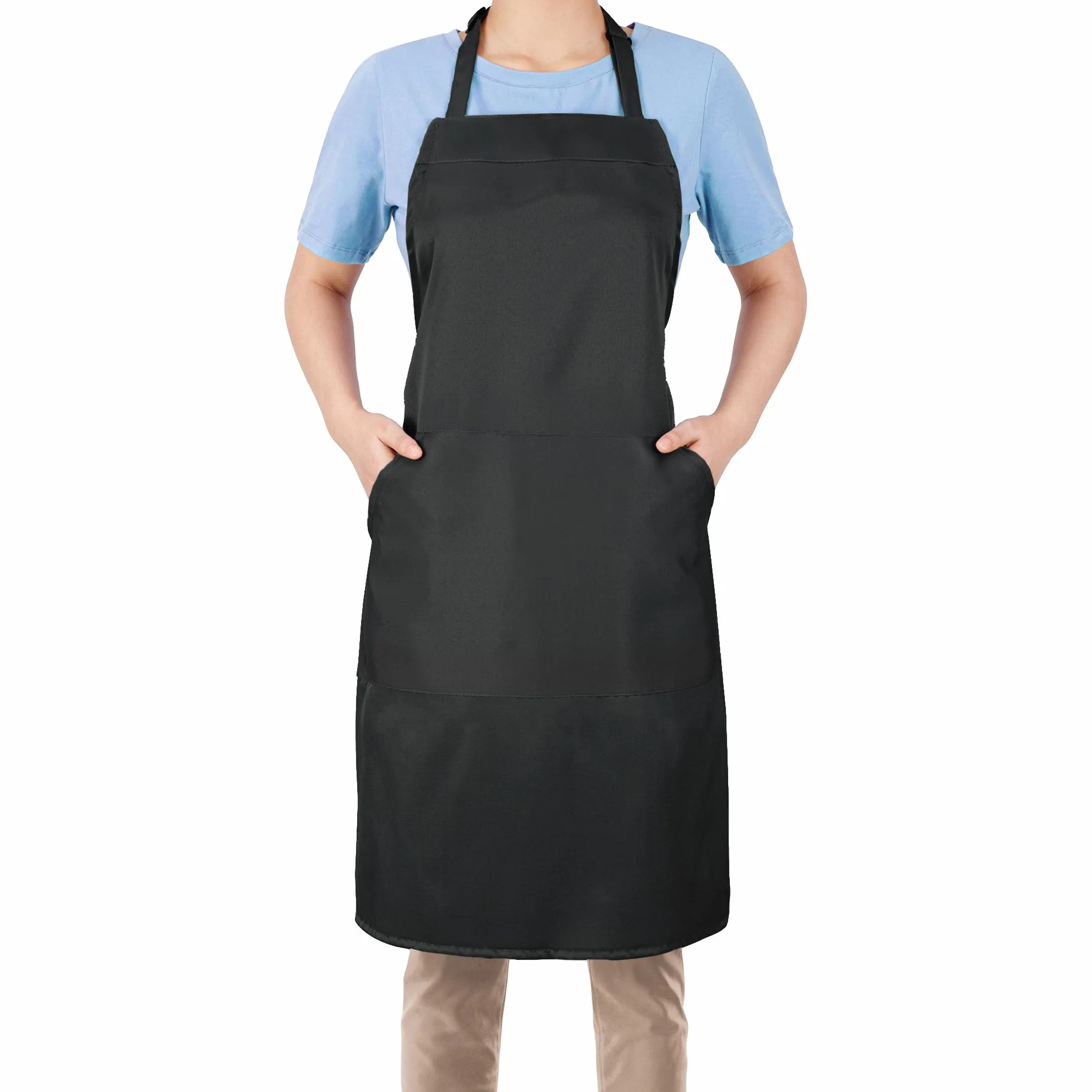 Adjustable Black Kitchen Apron for Men & Women - 80% Polyester 20% Cotton with Large Pocket