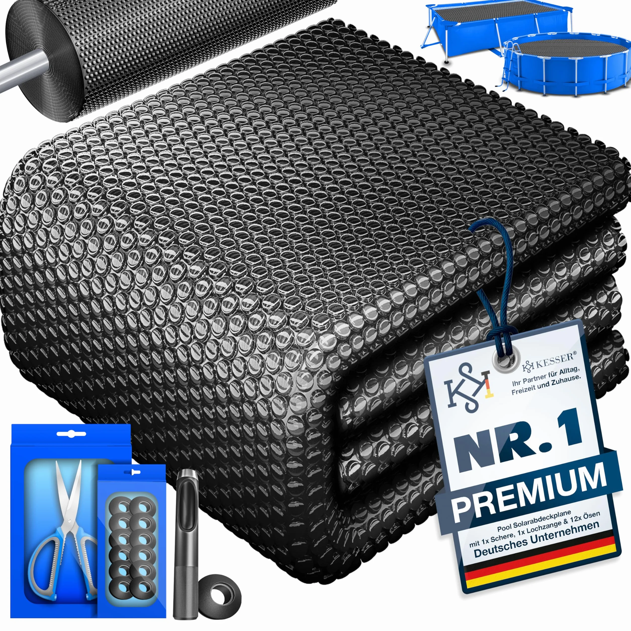 KESSER® Plandeka solarna do basenu, okrągła, Ø 457 cm, folia solarna o grubości 120 µm, plandeka solarna z możliwością przycięcia, folia solarna do podgrzewania wody