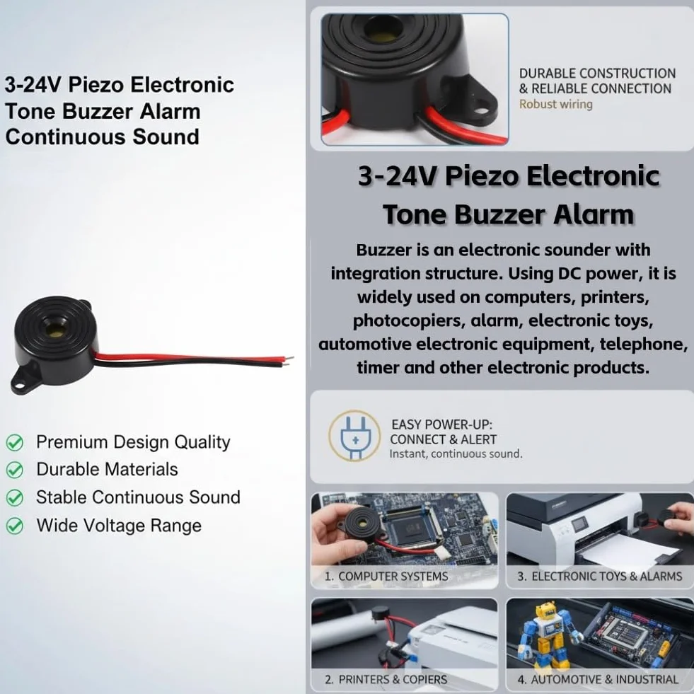 Brzęczyk Piezoelektryczny Alarmowy 85 dB Brzęczyk Elektroniczny 12 V Do 3-24 V Aktywny Dźwięk Ciągły Długość Kabla 100 mm Do Systemów Alarmowych Samochodowych I Domowych