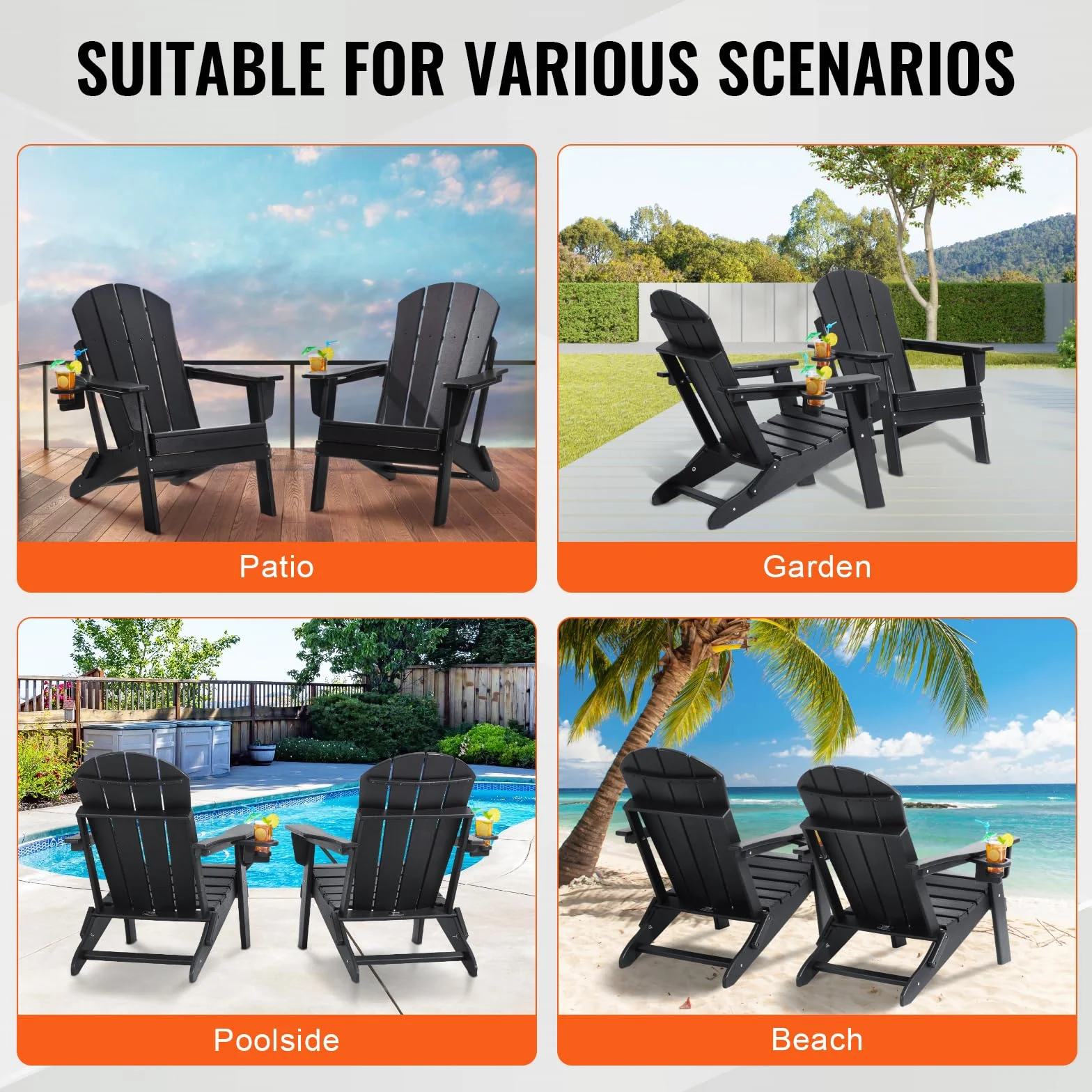 VEVOR Krzesła Adirondack z tworzywa sztucznego, zestaw 2 sztuk, odporne na warunki atmosferyczne, przenośne składane krzesła ogrodowe na patio z uchwytem na kubek, ergonomiczny relaksacyjny