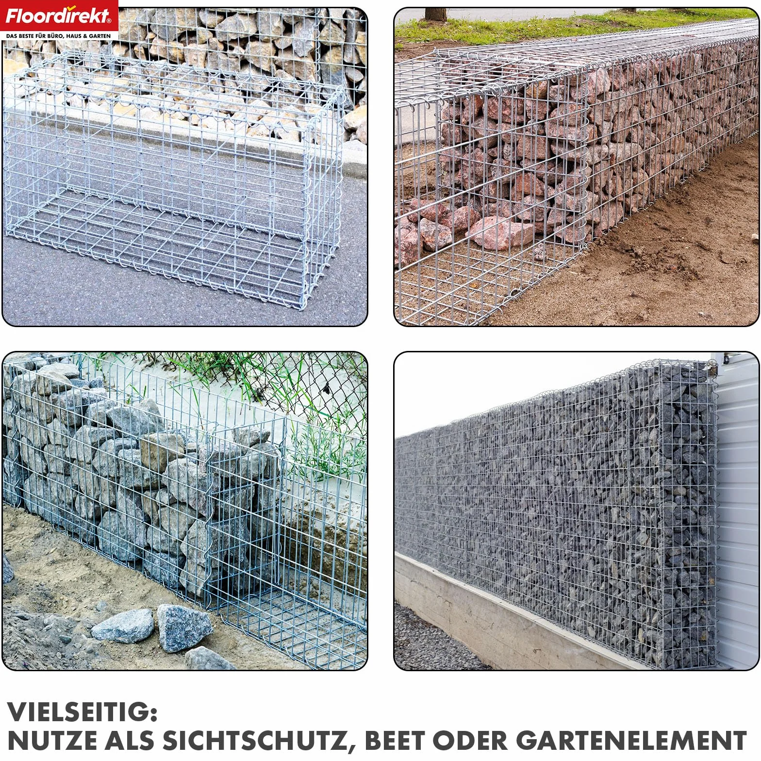 Floordirekt Gabiona, metalowy kosz na kamienie, 100x30x30 cm, ocynkowany kosz z drutem o rozmiarze oczek 5 x 10 cm, kamienny mur jako płot ogrodowy, siatka gabionowa jako osłona przeciwsłoneczna