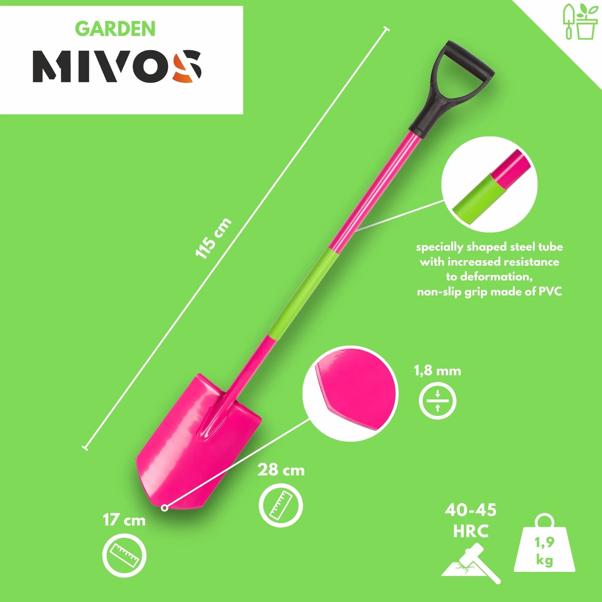 Mivos Ergonomiczny szpadel spiczasty ogrodowy z hartowanej stali borowej - 115 cm - Różowy - Szpadel ogrodniczy z ergonomicznym trzonkiem - Lekki i wygodny - Wyprodukowano w Polsce