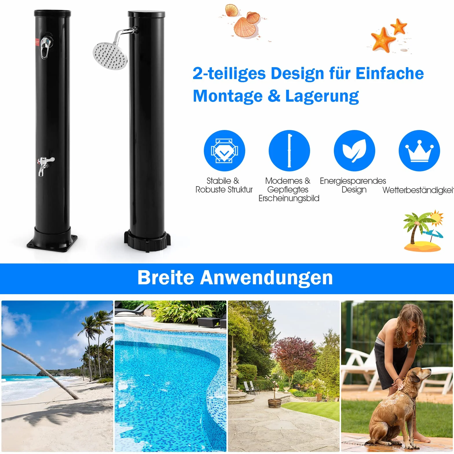COSTWAY Prysznic solarny 38 l | 217,5 cm | do 60°C | prysznic ogrodowy z obrotową głowicą prysznicową i prysznicem nożnym | w zestawie przyłącze węża ogrodowego | prysznic zewnętrzny do basenu, na