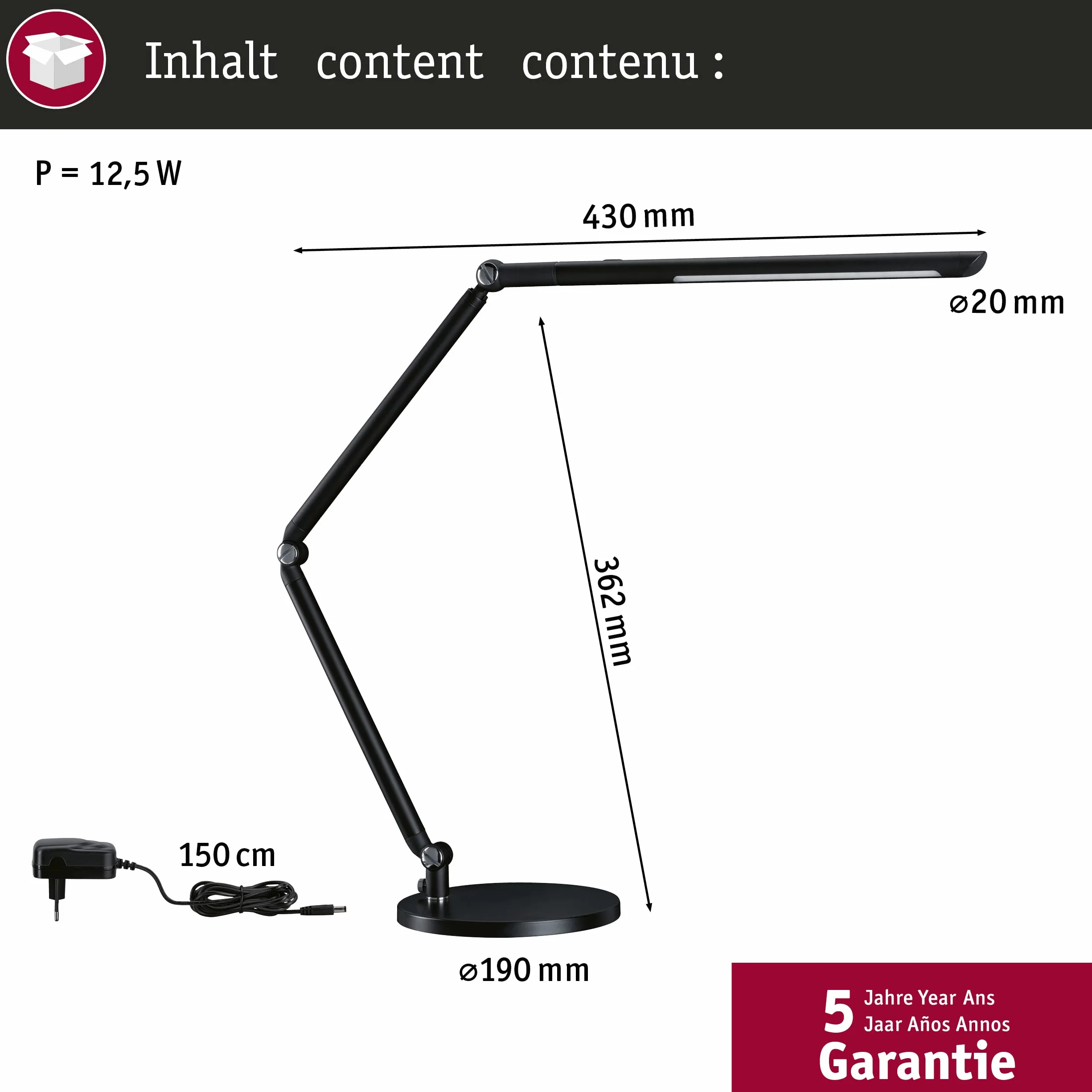 Paulmann 78912 LED lampa biurkowa FlexBar White Switch Tunable White 1x10,6 W przyciemniana, lampki pomocnicze, kolor czarny, lampa na stół 3000 K