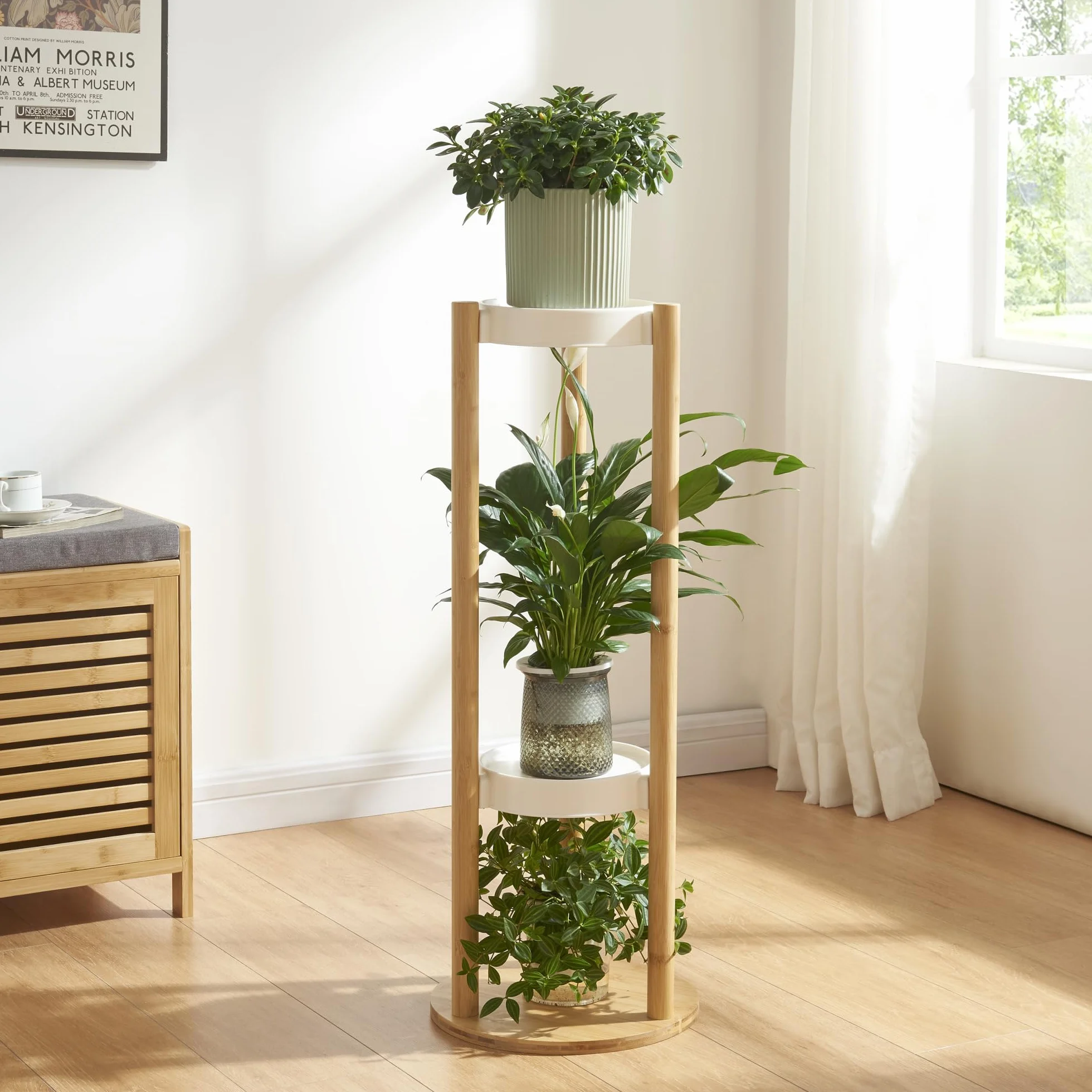 [en.casa] Stojak na rośliny "Sastamala" z 3 półkami 80 x 31 x 31 cm bambus/biały