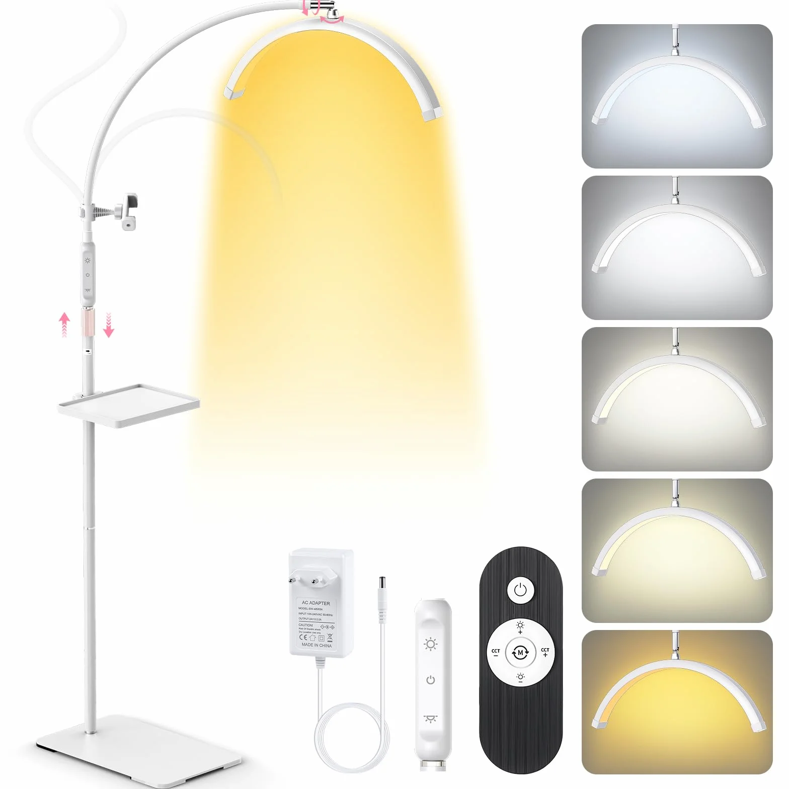 Profesjonalna lampa przedłużająca rzęsy: 18" składana lampa półksiężycowa z 5 kolorami o zmiennej intensywności i obracaniu 360° do salonu, domu, biała
