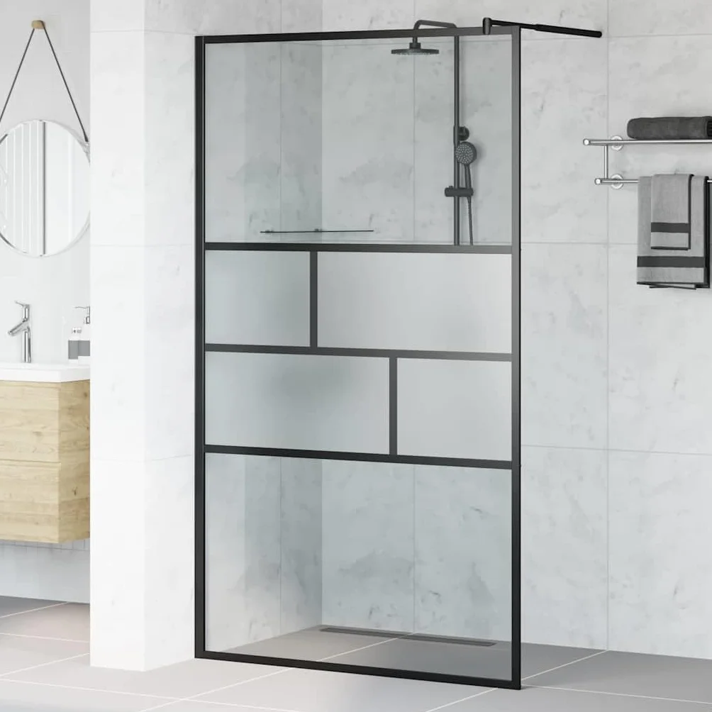 Ścianka prysznicowa Walk-in, czarna, 115 x 195 x 0,5 cm, szkło ESG i aluminium, ścianka prysznicowa jako ochrona przed pryskaniem, ścianka działowa do łazienki, chodzenie w ścianie bocznej z