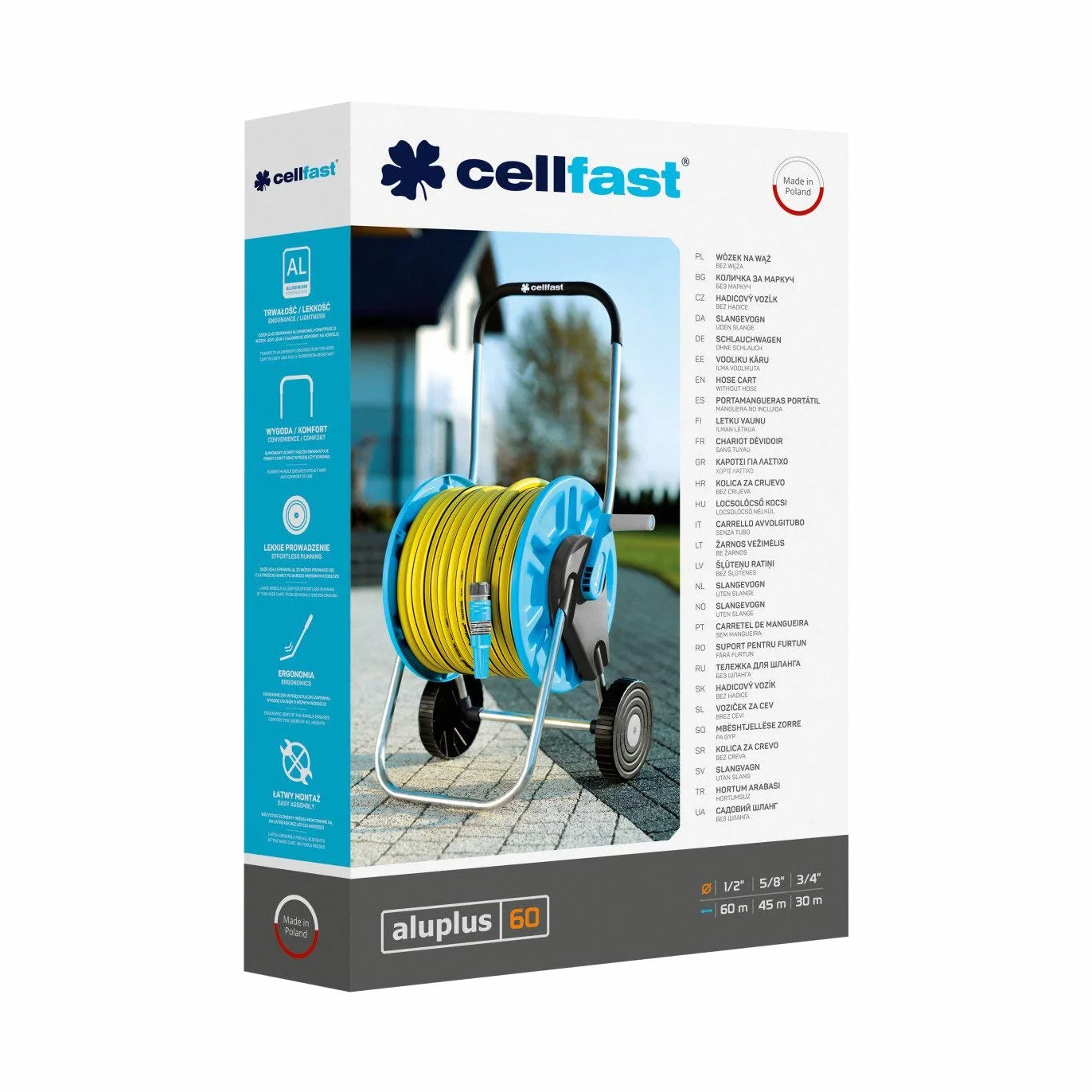 CELLFAST Wózek Na Wąż Ogrodowy 2 Koła Gumowany Uchwyt Odporny Na Korozję Zapobiega Skręcaniu Węża 1/2" 60 m Aluplus